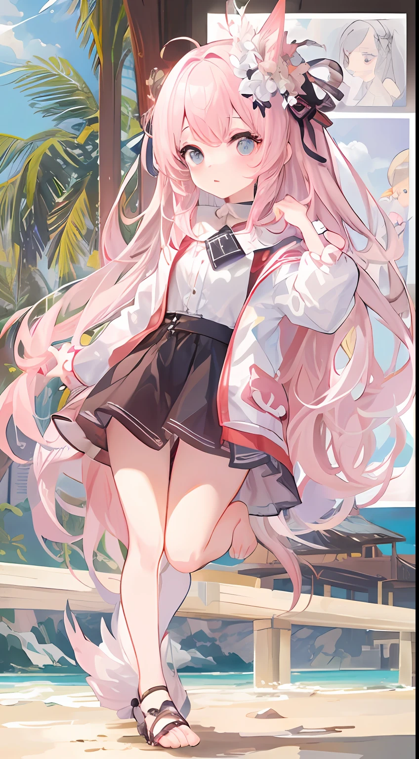Ultra-high sharpness,Works of masters,tmasterpiece,HighestQuali,((1 toddler 1:2,独奏)),The facial features are delicate and delicate,Tall figure,Shiny hair,Long white hair,Braided hair,Wear a cute pink dress,mini-skirts,(beautifullegs,Barefoot,foot ring),(the sea,sandbeach,coconut palms),Sun spots,volumettic light,Beautiful CG,perfectquality,Highest image quality,16k,depth of fields,Normal character ratio,depth of fields,(Full body like),standing on your feet,Whole-body proportions
