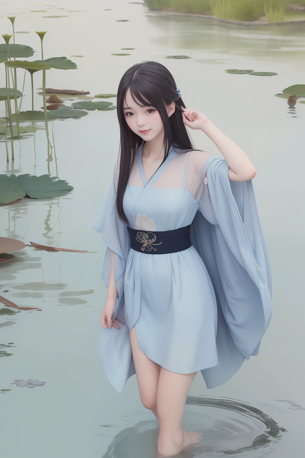 ((4k,masterpiece,best quality)), shuimobysim, traditional chinese ink painting, lotus, hanfu, maxiskit, dress conservatively 1girl, solo, long blue hair, smile, standing, feet in the water, barefoot,
