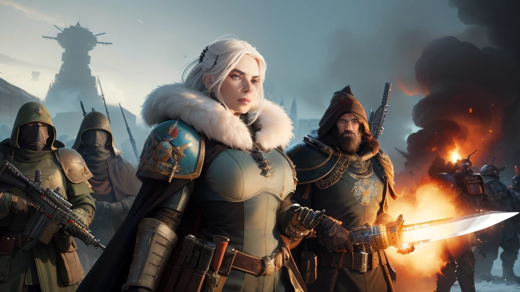 (hyperrealistic), (illustration), (high resolution), (8K), (extremely detailed), (best illustration), (battlefield), (best quality), (super detailed), (masterpiece), (wallpaper), (detailed face), 1 girl, white hair, beautiful face, ((warhammer 40k)), dystopian scene, (lord castellan Ursula Creed), military uniform, (stern look), (fur coat), cadian shock troops, two pistols on waist, (grimdark), (looking into distance), battle standard, (smoke in background), Cadia, (holding power sword), soldiers in background, (flowing cape)