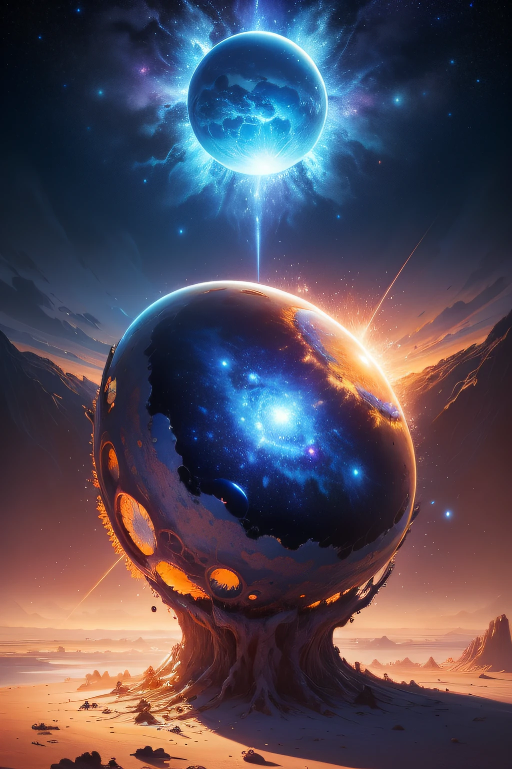 (anthill) (best quality, masterpiece), (magical, charming, beautiful blue planet), (transformation, explosion), (bright star), (ultra-detailed details, dynamic camera), (wide view), (celestial illumination), (vibrant color and saturation)