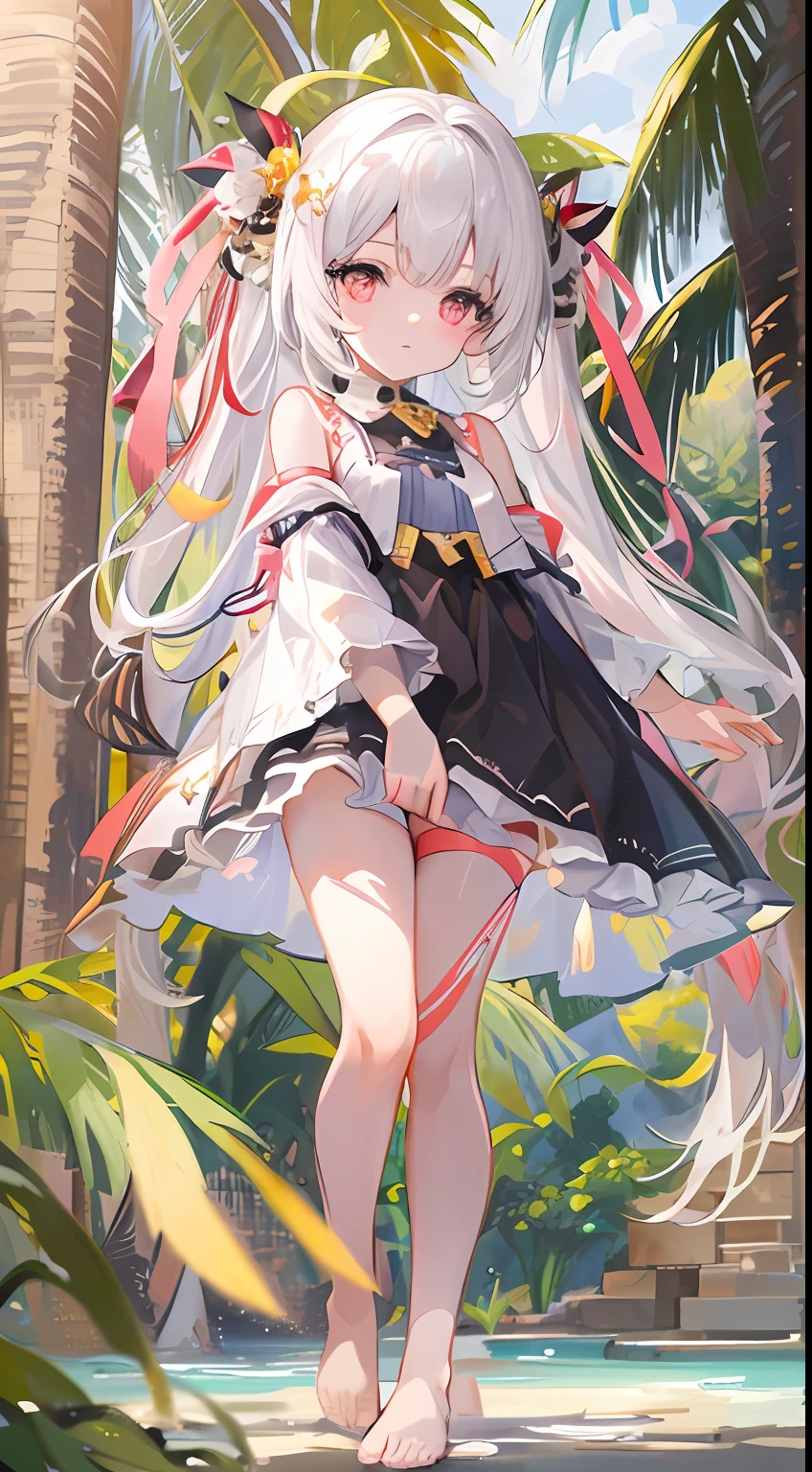 Ultra-high sharpness,Works of masters,tmasterpiece,HighestQuali,((1 toddler loli 1:2,独奏)),The facial features are delicate and delicate,Tall figure,Shiny hair,Long white hair,Braided hair,Wear a cute pink dress,mini-skirts,(beautifullegs,Barefoot,foot ring),(the sea,sandbeach,coconut palms),Sun spots,volumettic light,Beautiful CG,perfectquality,Highest image quality,16k,depth of fields,Normal character ratio,depth of fields,(Full body like),standing on your feet,Whole-body proportions