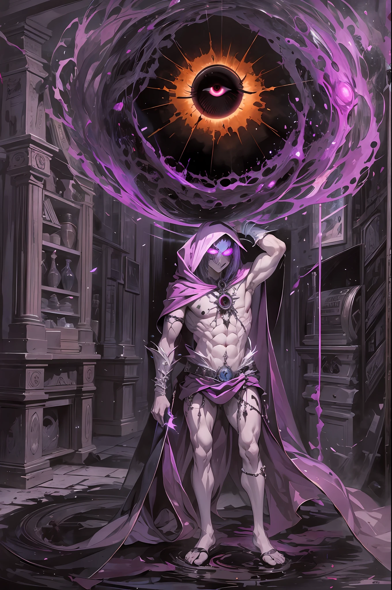 (absurdos, Altas Resoluciones, Ultra detallado, HDR), Obra maestra, La mejor calidad, Un hombre calvo sentado en Demon con un ojo gigante, en mirada arrogante, solamente, hombre rudo, demon eyeball, globo ocular gigante, asqueroso, Ala de demonio negro, cuerno de demonio, guapo, Ojos rojos, ojo brillante, black robe, Pendiente y accesorio, pecho desnudo, cara arrogante, cuerpo completo, magic vortex, chispa, remolino, Aura negra, un cielo negro y nublado, abismo, Antecedentes abstractos, desde un lado, buscar, sonrisa malvada