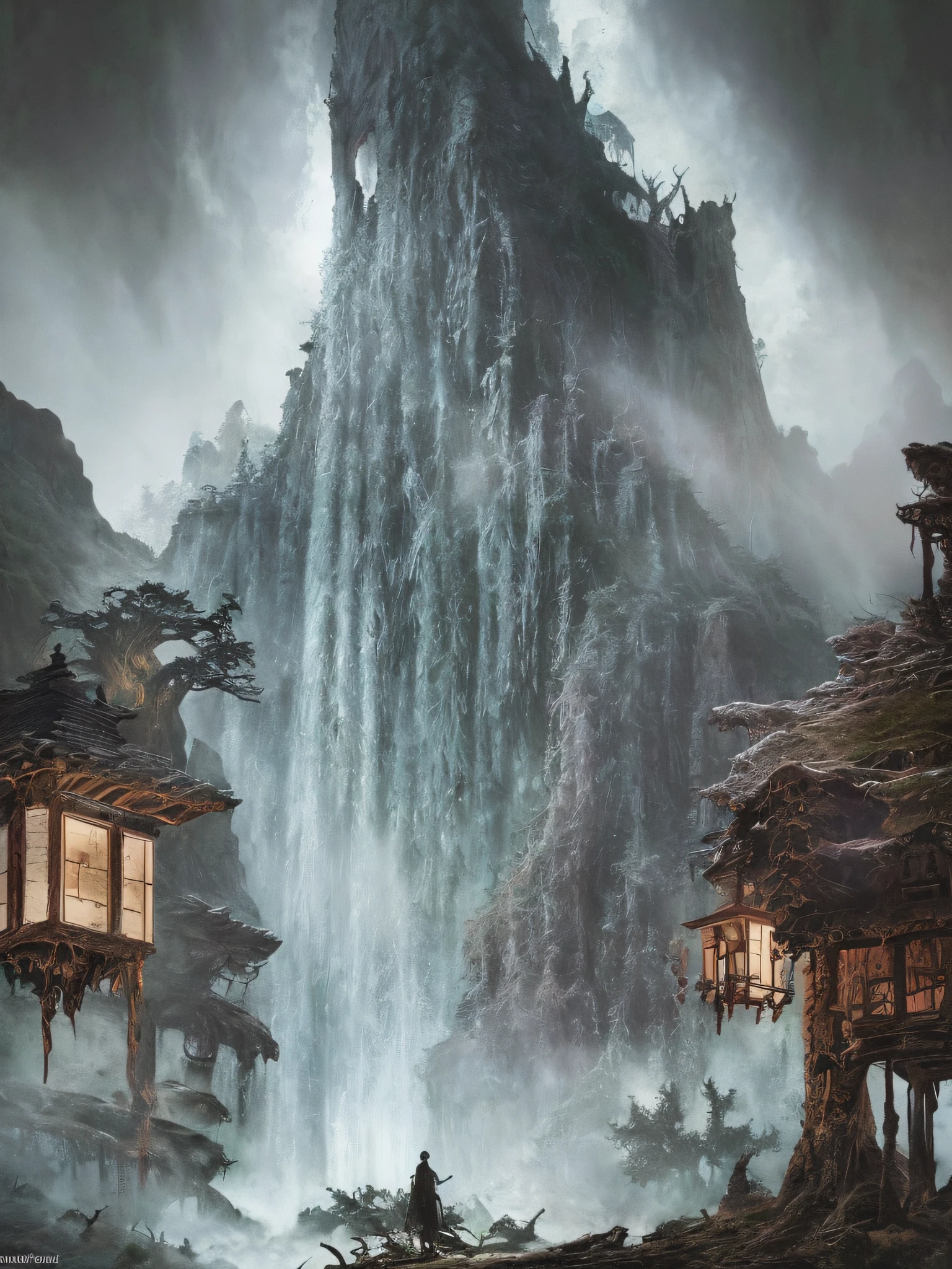 ancient forest scenery, (mysterious black fog), zelda breath of the wild, genshin impact, (dilapidated), broken ruins, lanterns, absurdity, realistic lighting, (abyss) masterpiece, high quality, beautiful graphics, high detail, miaobishenghua , beetles, soils, wind, stone fragment, beautiful detailed blood, night, moonlight, beautiful detailed ruins, [(black background:1.5)::5], black forest, highly detailed monster's corpse waterfall, painted as a game concept art, library of ruina concept art, matte painting concept art, doom eternal concept art, environment painting, waterfalls, monster's corpse as forest, concept art ， highly rendered, scenery game concept art,