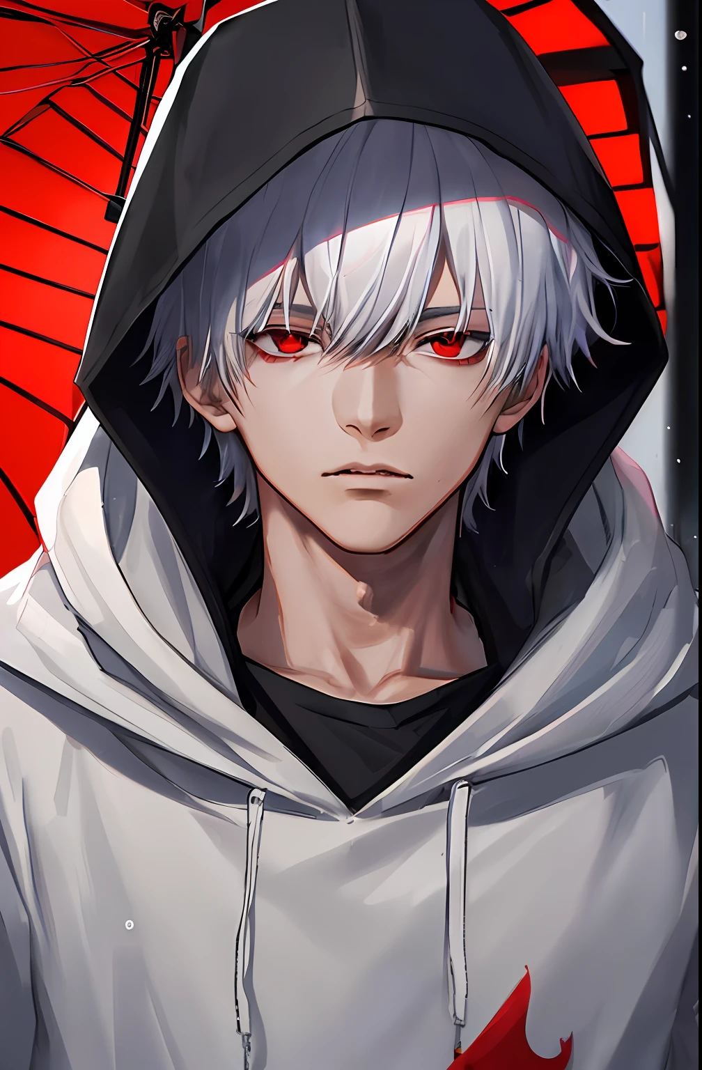 kk, best quality, more details, masterpiece, 1boy, kaneki ken, portrait, male focus, red eyes, solo, bangs, looking at viewer, hood, short hair, rain, tokyo tokyo \(city\), hood up, nail polish, white hair, luxurious, 8k, detailed, ray tracing, depth of field, cinematic lighting,