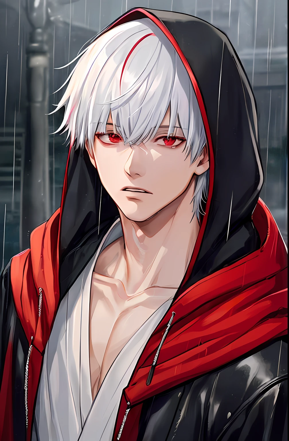 kk, best quality, more details, masterpiece, 1boy, kaneki ken, portrait, male focus, red eyes, solo, bangs, looking at viewer, hood, short hair, rain, tokyo tokyo \(city\), hood up, nail polish, white hair, luxurious, 8k, detailed, ray tracing, depth of field, cinematic lighting,
