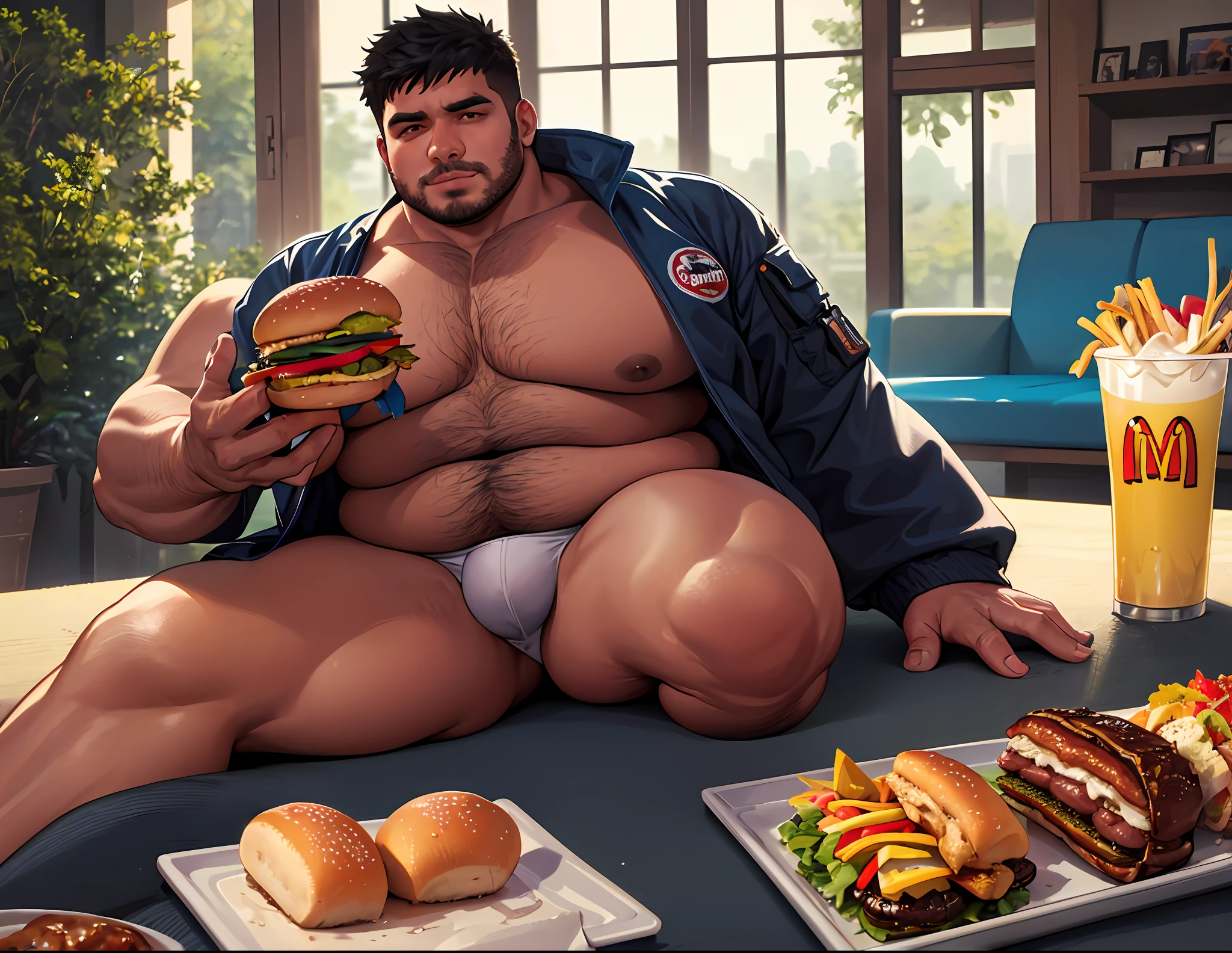 (Absurdo, detalhes intrincados, obra-prima, melhor qualidade, alta resolução, 8k), 1 macho, rechonchudo, gordinho, vendedor, gordinho, brasileiro, moreno de 11 anos de idade, trabalha na empresa McDonald's, Chubby Lutador de Taekwondo, with burgers around, with lots of snacks out there;, foto de corpo inteiro foto de corpo inteiro extremamente detalhado extremamente realista, Extremely realistic photo with cinema quality photo with photo film quality with illustration quality extremely detailed photo, Seifie, foto sozinho, corpo inteiro, bem detalhado, hyper realistic detailed hands, obra-prima, Epic composition