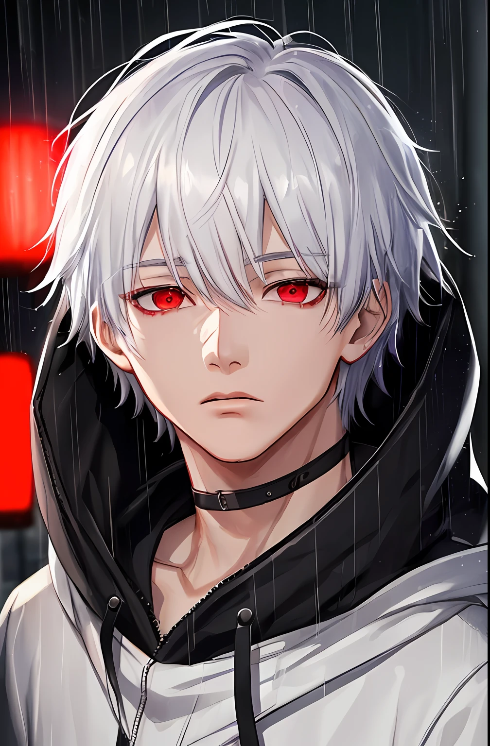 Anime boy with white hair and red eyes in the rain - SeaArt AI