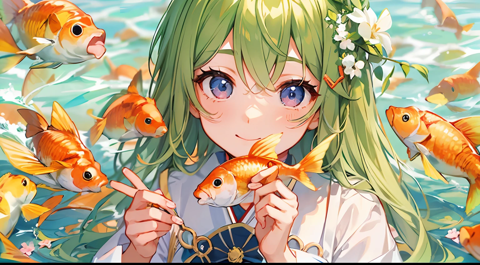 Photo, The girls、japanse, Clothing product samples, Girl scooping goldfish, colored contacts in her eyes, Full body  , In summer