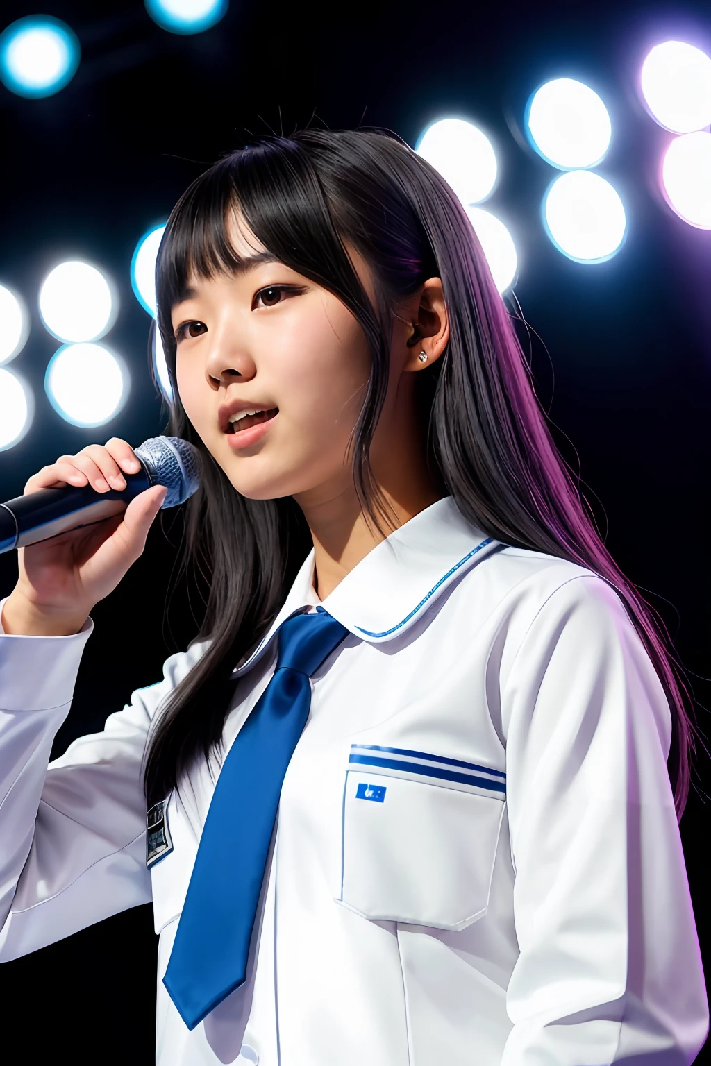 RAW photo, (closeup:1.2), portrait photo of teen Japanese woman, blue & silver school uniform, on idol stage, holding microphone, natural skin, energetic pose 8k uhd, high quality, film grain, Fujifilm XT3