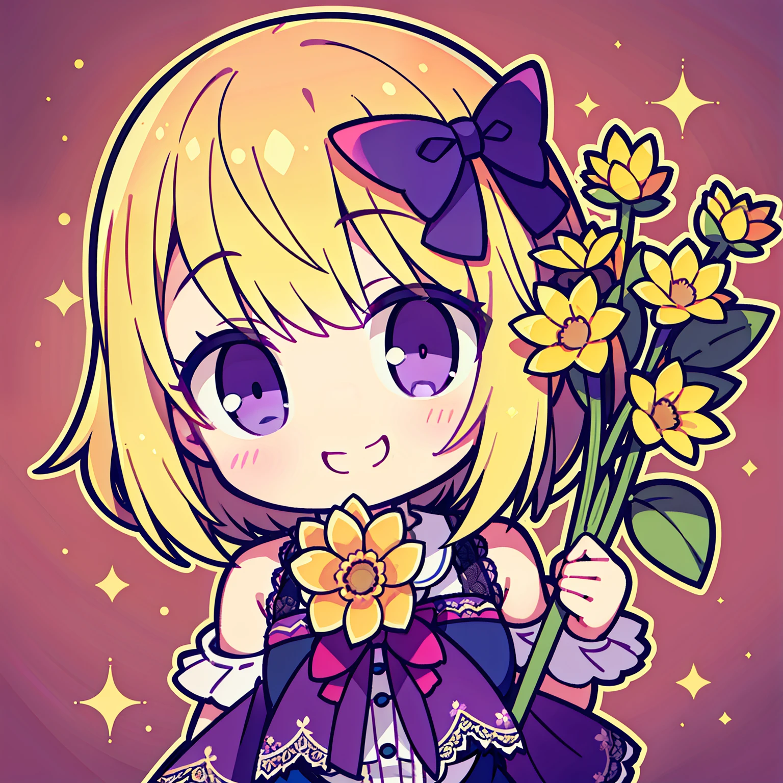 Purple eyes, cute bow beside the cheek, delighted smile, lace trims on shoulders,holding flower, smiling happily,Big Head ,Yellow hair