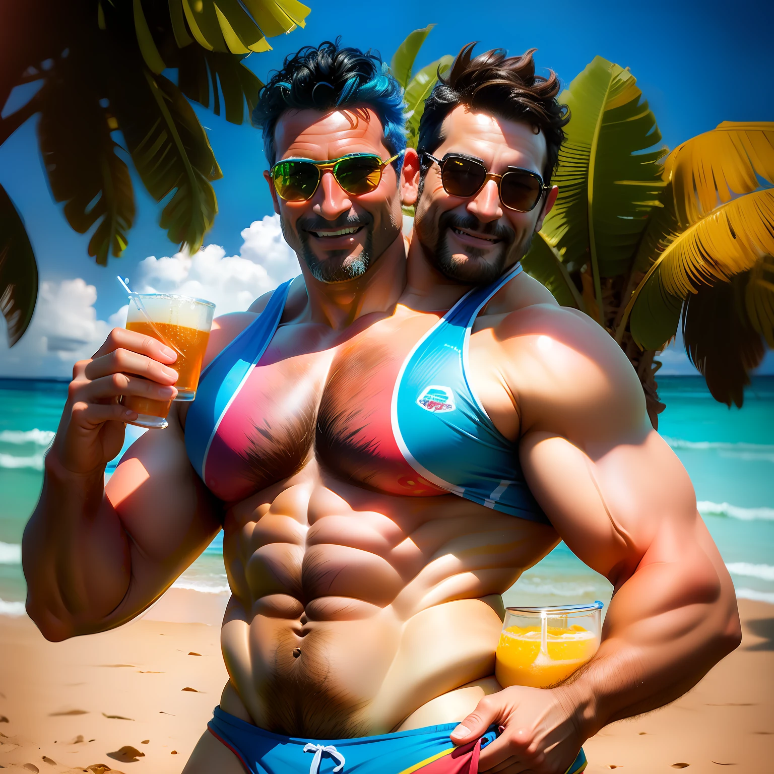 ((2heads)), sunbathing, dad bod, chubby, beautiful man, 47 years old, italian, Brazilian, realistic, sunny, noon,photography, wearing a tiny colorful speedo, on thbeach in the Bahamas, holding a beer, smiling