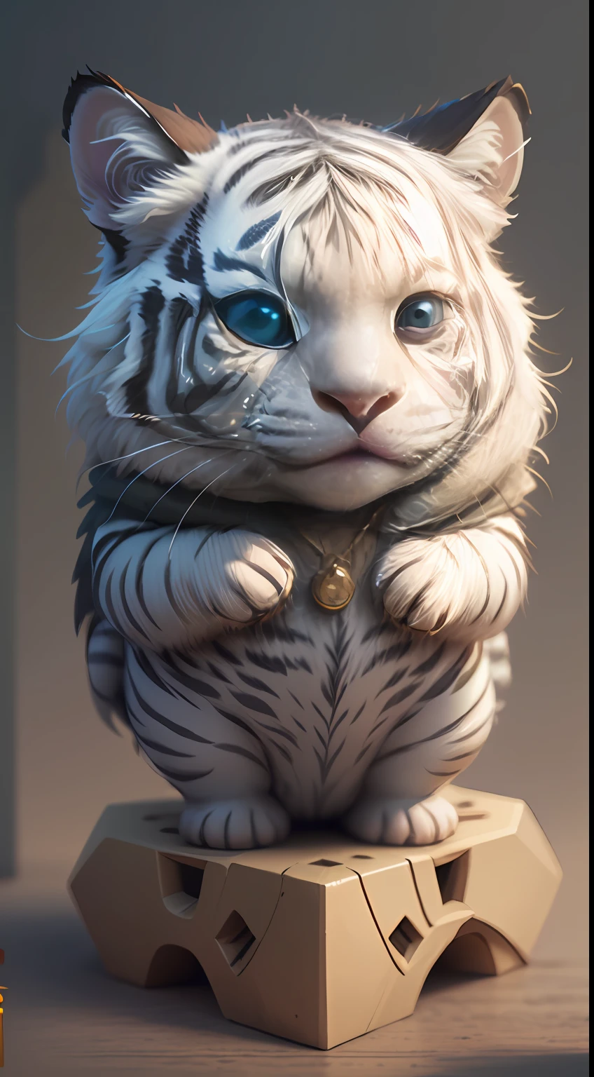 cute tiny hyperrealistic white tiger with different color eyes waring a necklace, Chibi, adorable and fluffy, logo design, cartoon, cinematic lighting effect, charming, 3D vector art, cute and quirky, fantasy art, bokeh, hand-drawn, digital painting, soft lighting, isometric style, 4K resolution, photorealistic rendering, highly detailed clean, vector image, photorealistic masterpiece, professional photography, simple space backdrop, flat white background, isometric, vibrant vector