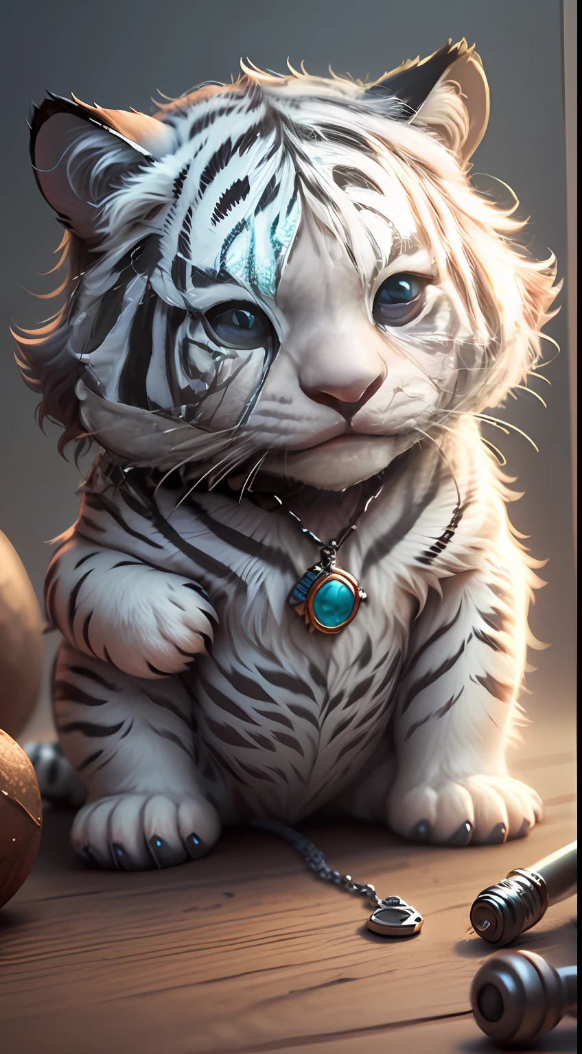 cute tiny hyperrealistic white tiger with different color eyes waring a necklace, Chibi, adorable and fluffy, logo design, cartoon, cinematic lighting effect, charming, 3D vector art, cute and quirky, fantasy art, bokeh, hand-drawn, digital painting, soft lighting, isometric style, 4K resolution, photorealistic rendering, highly detailed clean, vector image, photorealistic masterpiece, professional photography, simple space backdrop, flat white background, isometric, vibrant vector