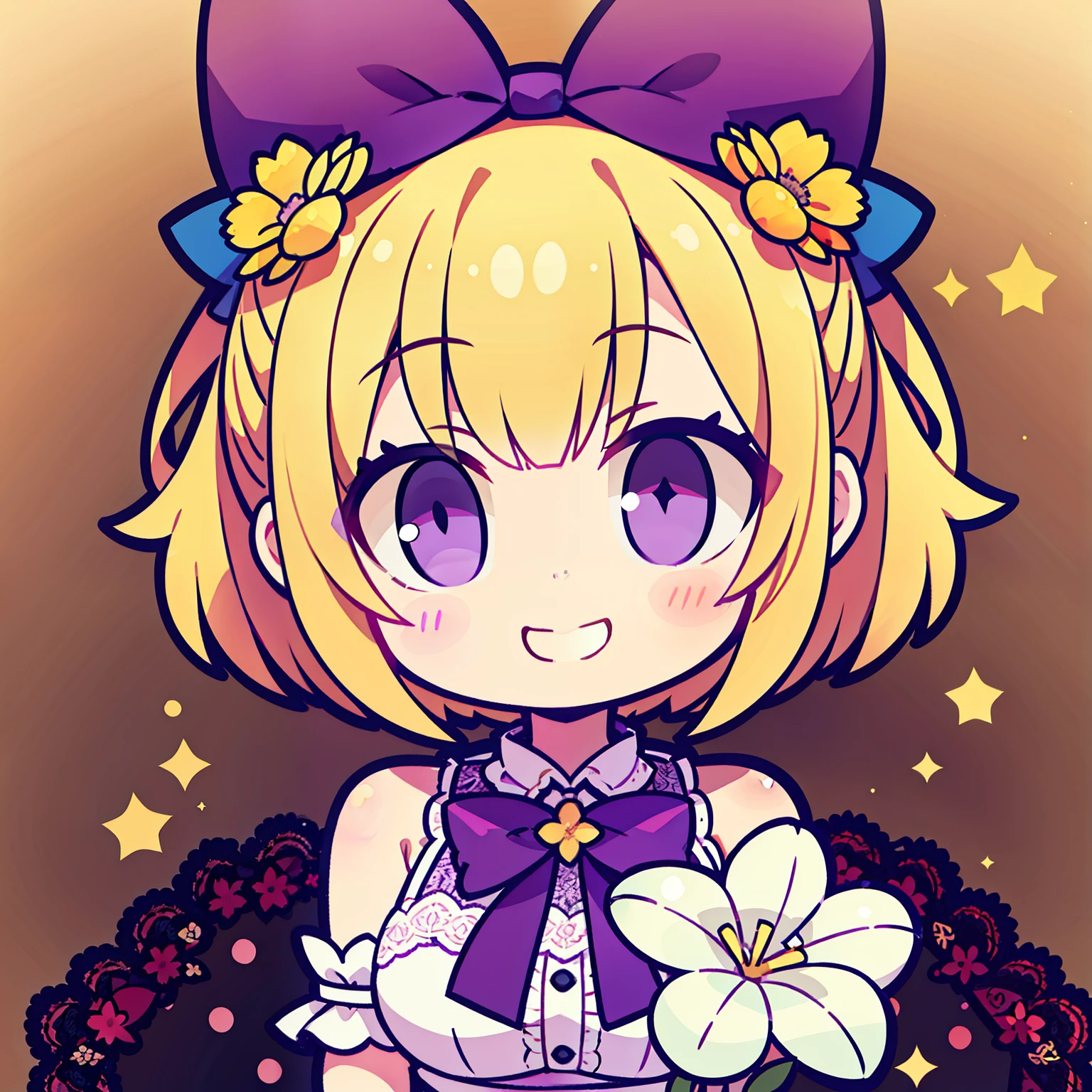 Purple eyes, cute bow beside the cheek, delighted smile, lace trims on shoulders,holding flower, smiling happily,Big Head ,Yellow hair