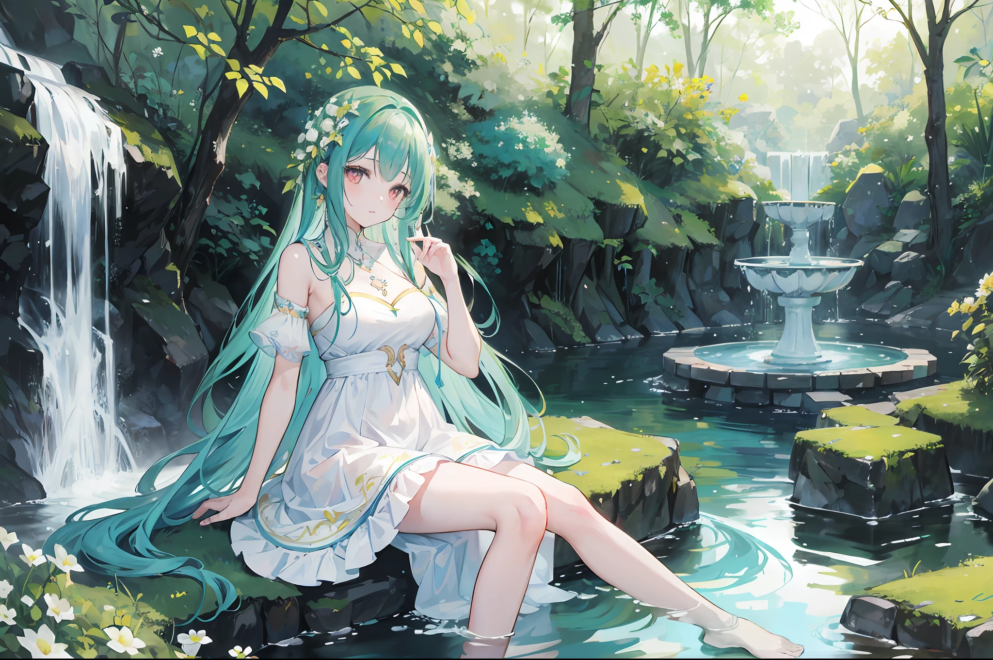Beautiful woman with long hair decorated with fresh flowers, Wearing a light dress, Sitting on the edge of a forest spring, Her feet are resting on the fountain. She has a beautiful face and colorful, Shining eyes. Fountain in a green forest. Seated spirits、Sit up、Beautiful water surface、She wears outfits with delicate and intricate designs. Detailed drawings. Vivid colors. High image quality. --S 1000 --AR 4:5 - Rainbow 5