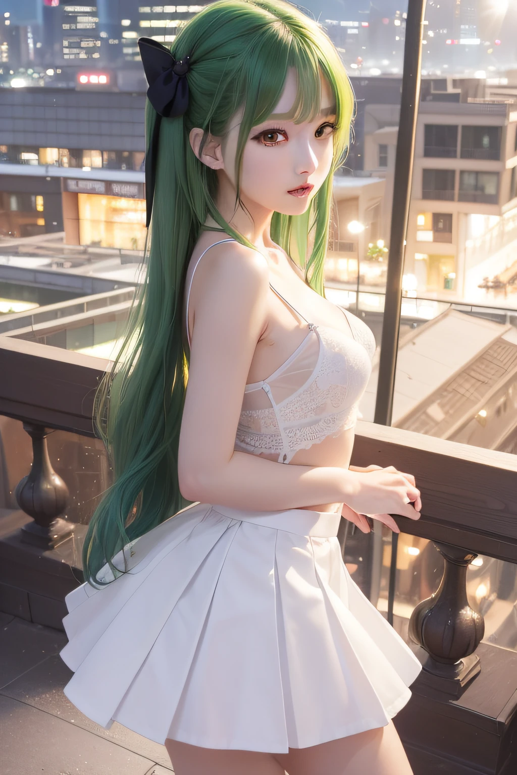 top-quality、超A high resolution、(Photorealsitic:1.4)、(Green Longhair:1.3)、greenhair、(azur lane\)、1girll、(Kpop Idol)、NSFW、Camisole、slenderbody、Behold、cute little、finerly detailed face、Contrapo、Smooth skin、parfect anatomy、White camisole、Pure black pleated skirt、A city scape、natta、Rain wet type、Professional Lighting、Shopping mall rooftop café、outside of house、no teeth、８K Wallpapers