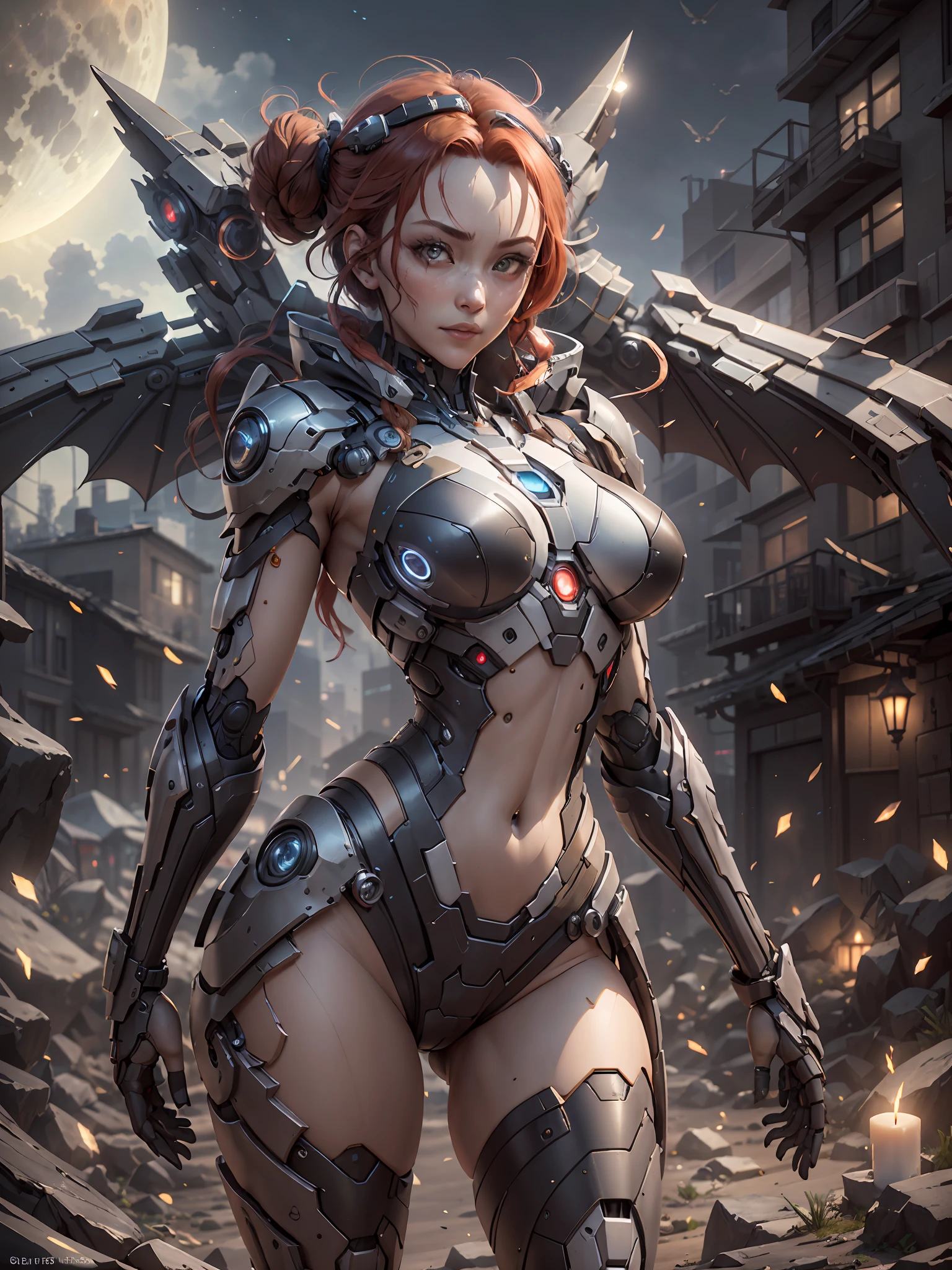 (Best Quality)), ((Masterpiece)), (Very Detailed: 1.3), 3D, Beautiful cyberpunk woman, Iron Man cosplay, sci-fi technology, HDR (High Dynamic Range), ray tracing, nvidia RTX, super resolution, unreal 5, subsurface scattering, PBR texture, post-processing, anisotropic filtering, depth of field, maximum sharpness and sharpness, multi-layer texture, specular and albedo mapping, surface shading, accurate simulation of light-material interactions, perfect proportions, octane rendering, duotone lighting, low ISO, white balance, rule of thirds, wide aperture, 8K RAW, high efficiency subpixels, subpixel convolution, light particles, light scattering, Tyndall effect, very sexy bikini, full body, battle pose, red hair with braids, bats in the sky notuno, full moon, candle light,