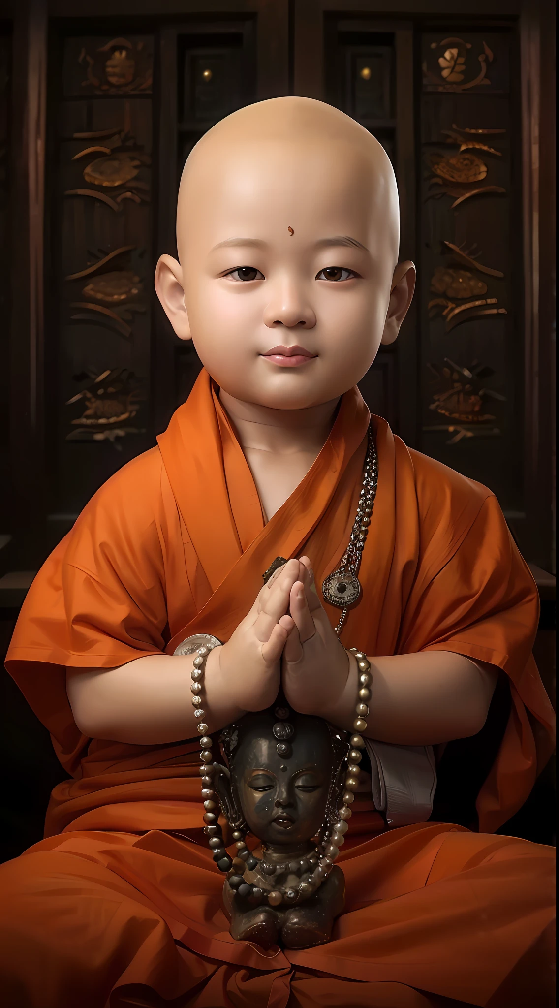 Image of Alafard of a  with a bald head and necklace, monk clothes, buddhist monk, monk meditation, Buddhist, portrait of monk, monk, Buddhism, wearing brown robes, portrait shooting, blessing hand, Serene expression, Buddhist monk meditation, high quality portrait, 2 1 st century monk, peaceful expression, little boyng nun outfit