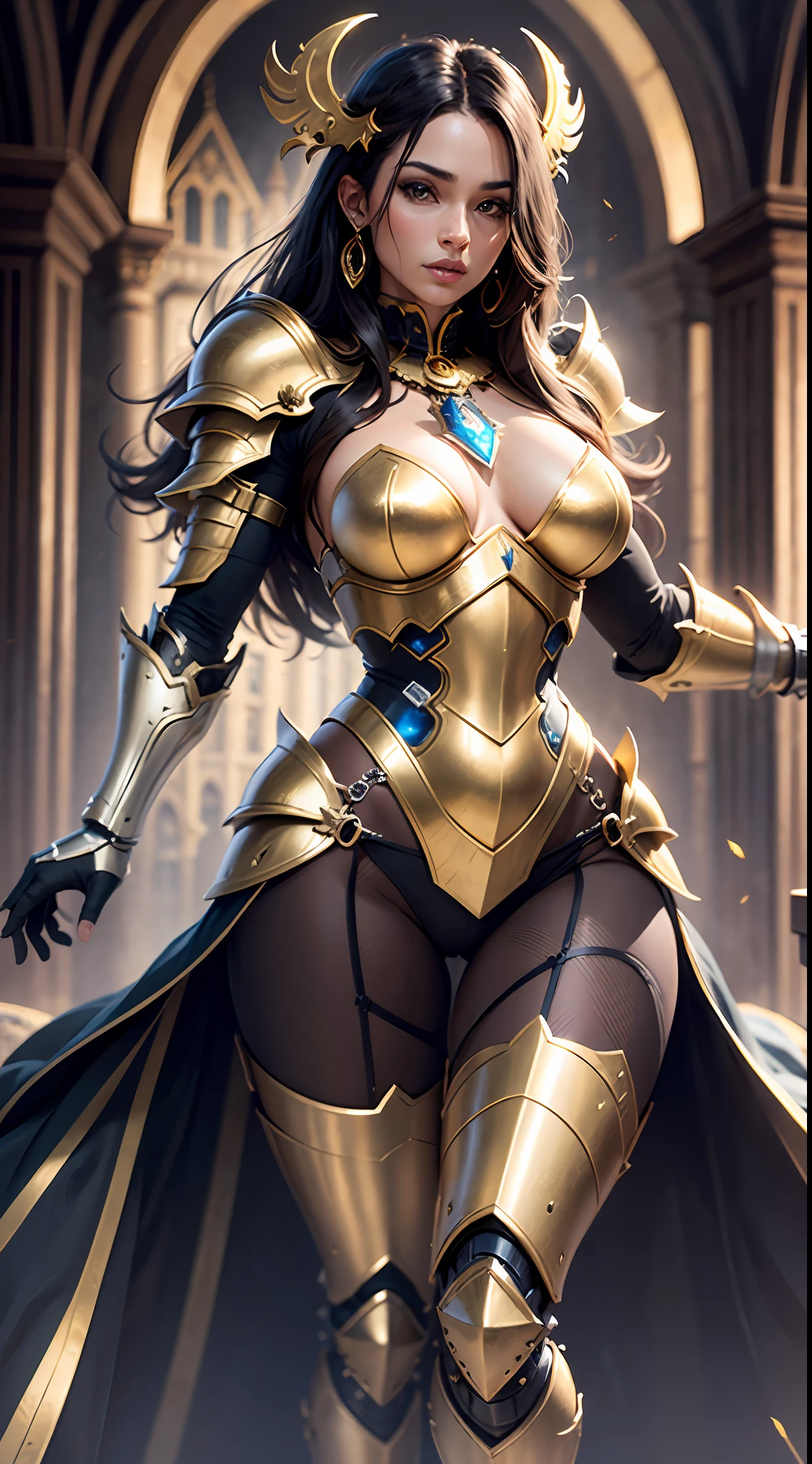 Ultra realistic , high resolution , ultra 8K , black woman , 30 years old , athletic body with black armor and gold color , King's clothing , a cybernetic King knight , Ultra resolution , Castle throne