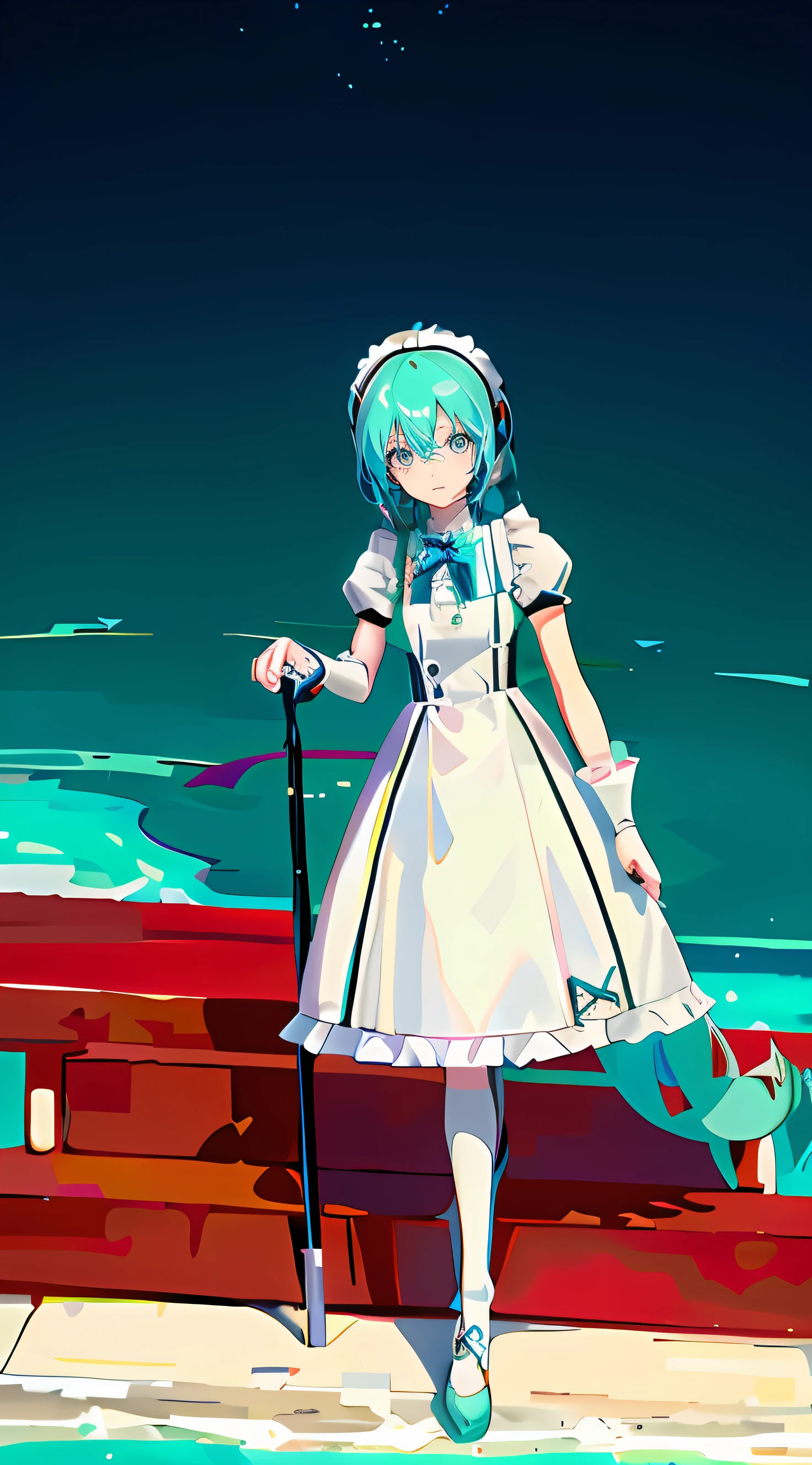 Anime character in white dress with crutches, anime girl in a maid costume, in dresses;Height 1 m 4,There is no left leg,There is no left leg,There is no left leg,anime girl with long blue hair and a white shirt and black skirt, Hatsune Miku, Portrait of Hatsune Miku, Hatsune Miku short hair, vocaloid, hatsune miku portrait, Os amigos, mikudayo, Anime girl with teal hair, Hatsune Miku cosplay, hatsune miku face, style of anime4 K, An anime girl, attractive anime girls