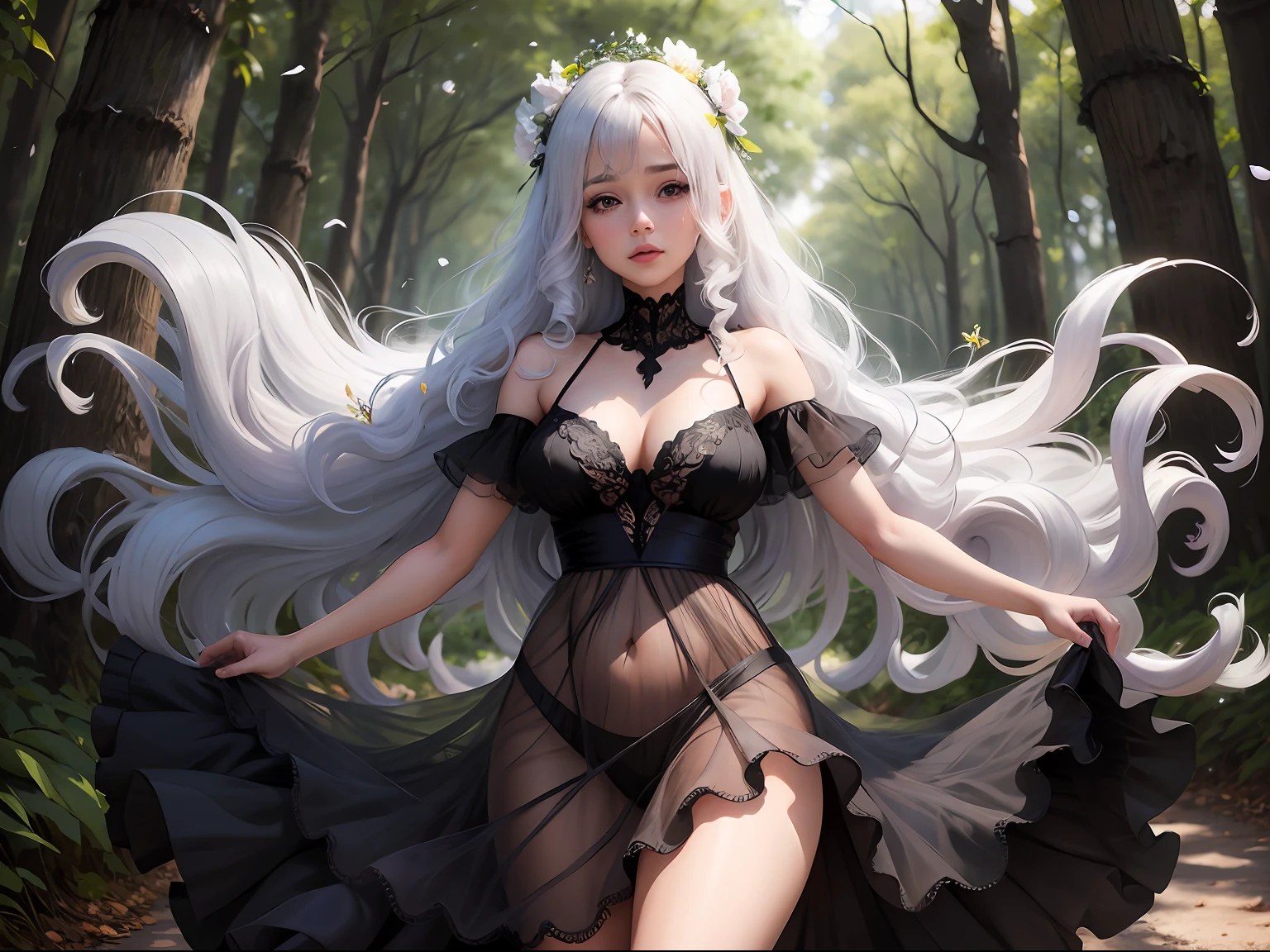 Uma linda e sensual, de peidos grandes e cabelos pretos, olhar penetrante e sensual, andando na floresta a noite, cabelos longos e pretos, tecido tule transparente, vestido curto preto e sensual, coroa de flores, borboletas voando em volta dela.