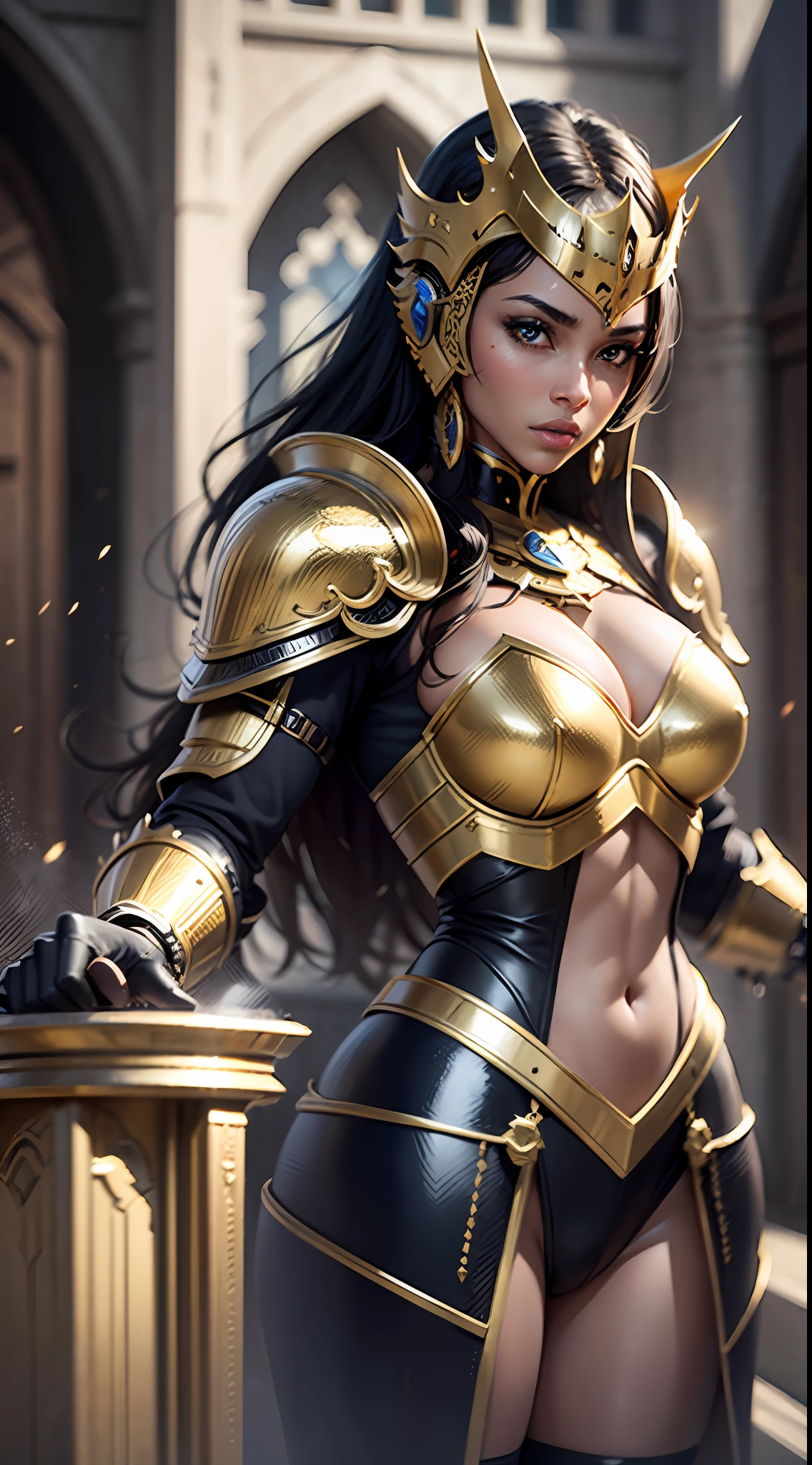 Ultra realistic , high resolution , ultra 8K , black woman , 30 years old , athletic body with black armor and gold color , King's clothing , a cybernetic King knight , Ultra resolution , Castle throne