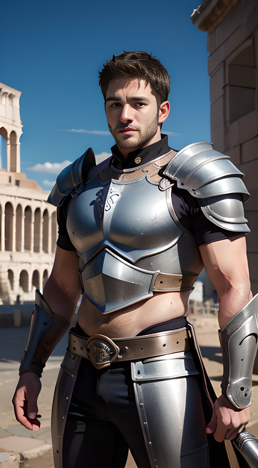 ((Men only)), (cowboy shot), (tanned Handsome muscle male gladiator in his 20s), A strapping warrior with a chiseled physique, clad in formidable armor, exuding strength and determination in every stance, (Colosseum of Ancient Rome in the background), (Chris Redfield), Mischievous smile, (detaile: 1 in 1), Natural muscles, HIG quality, beautidful eyes, (Detailed face and eyes), (Face、: 1 / 2), Noise, Real Photographics、... ............................................................................................................PSD, Sharp Focus, High resolution 8K, realisitic & Professional Photography, 8K UHD, Soft lighting, High quality, Film grain, FujifilmXT3