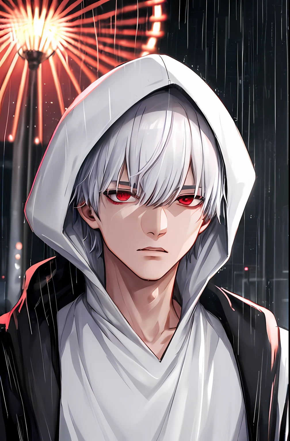kk, best quality, more details, masterpiece, 1boy, kaneki ken, portrait, male focus, red eyes, solo, bangs, looking at viewer, hood, short hair, rain, tokyo tokyo \(city\),  hood up, nail polish, white hair, luxurious, 8k, detailed, ray tracing, depth of field, cinematic lighting,