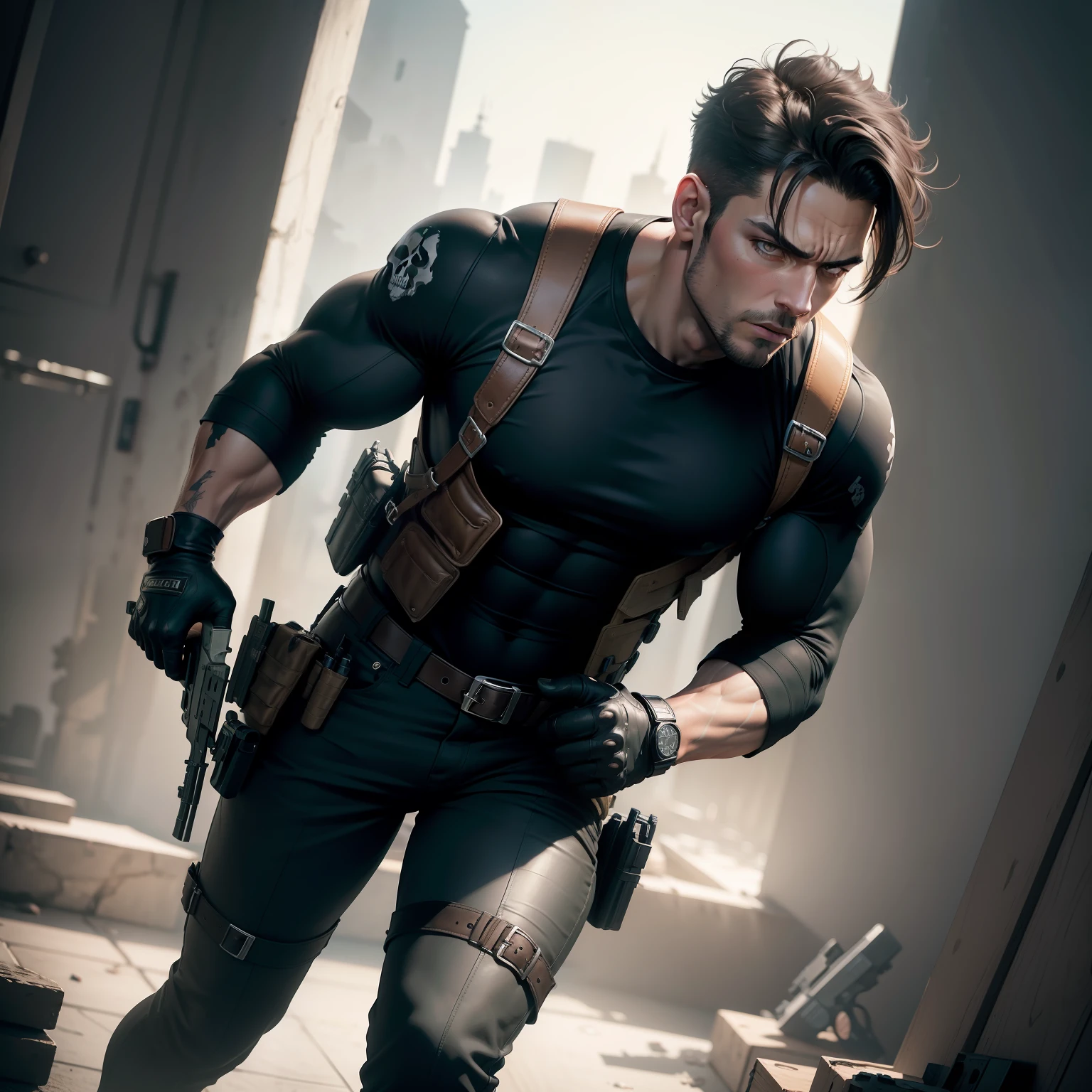 (High res, best quality, masterpiece) adult male, (solo male) harsh lighting 4k, dramatic lighting 4k, full body, athletic build, muscular, rugged look, serious expression, short black hair, brown eyes, (detailed eyes), blood on face, (holding, guns: pistols), (detailed guns), bulletproof vest, ((white skull painted on)), ((gloves: black)), shirt: black, boots: brown