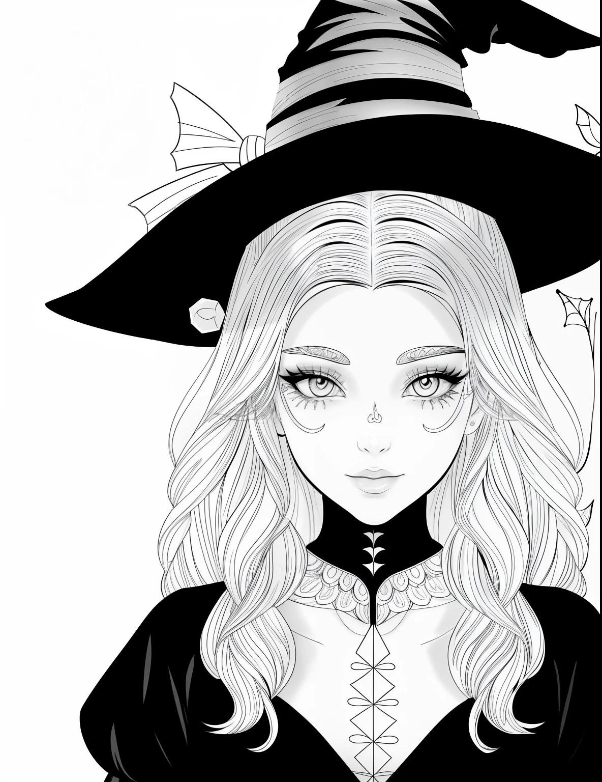 A coloring page with a girl and a cat in a Halloween scene, beautiful witch spooky female, line art colouring page, Retrato de uma jovem bruxa, Bruxa bonita com cabelo longo, black and white coloring, beautiful witch female, coloring book outline, Retrato de uma jovem bruxa, bruxa feminina bonita, clean coloring book page, bela arte de linha, arte vetorial em preto e branco