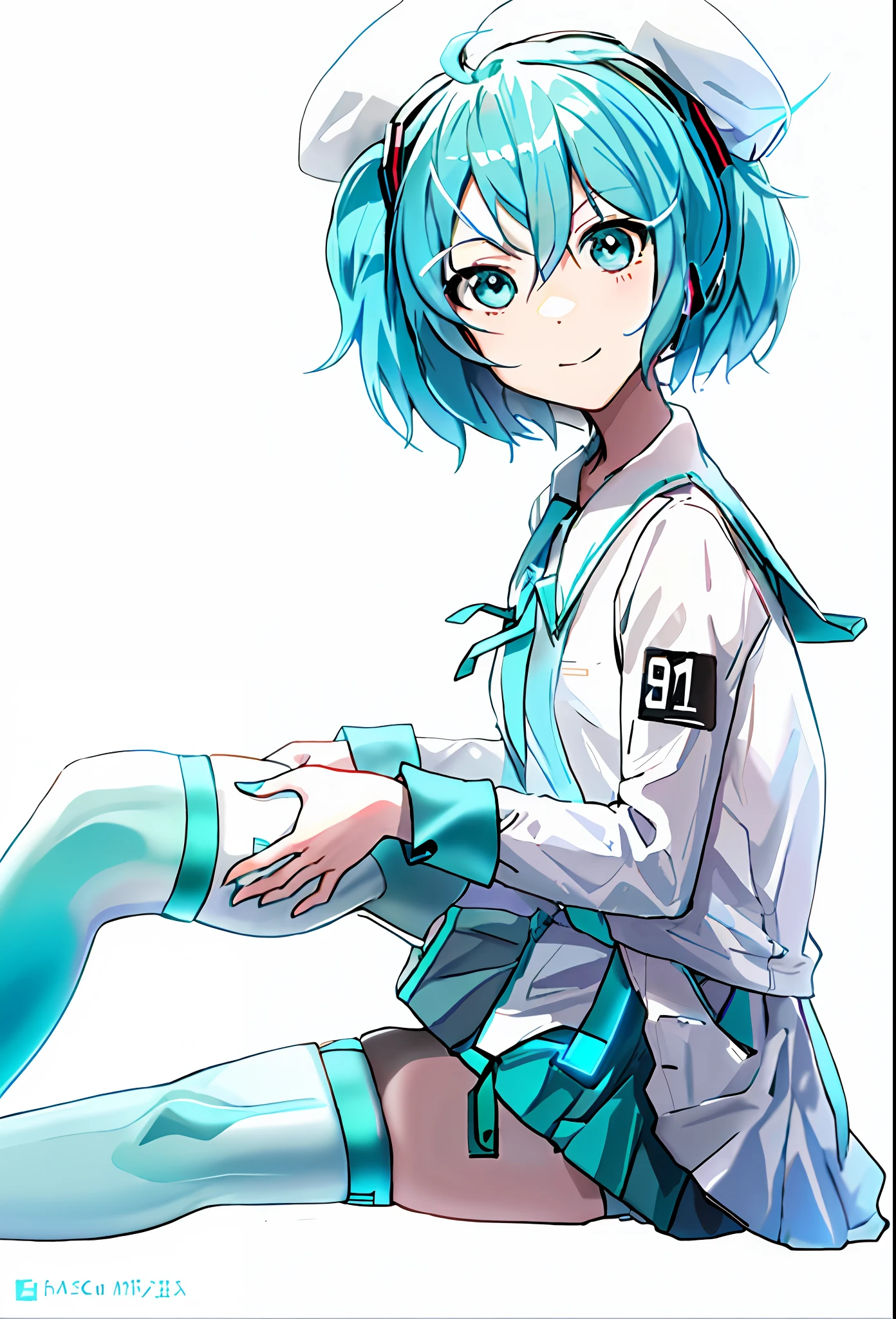 Anime girl sitting on the ground with hat and stockings, There is no left leg,Holding the prosthesis of the left leg,anime girl with long blue hair and a white shirt and black skirt, Hatsune Miku, Portrait of Hatsune Miku, Hatsune Miku short hair, vocaloid, hatsune miku portrait, Os amigos, mikudayo, Anime girl with teal hair, Hatsune Miku cosplay, hatsune miku face, style of anime4 K, An anime girl, attractive anime girls