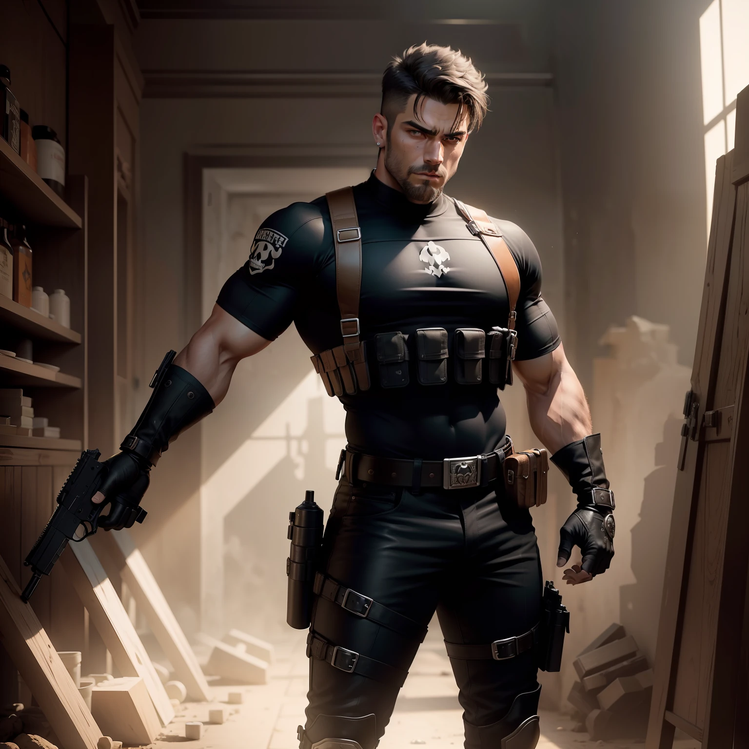 (High res, best quality, masterpiece) adult male, (solo male) harsh lighting 4k, dramatic lighting 4k, full body, athletic build, muscular, rugged look, serious expression, short black hair, brown eyes, (detailed eyes), blood on face, (holding, guns: pistols), (detailed guns), bulletproof vest, ((white skull painted on)), ((gloves: black)), shirt: black, boots: brown
