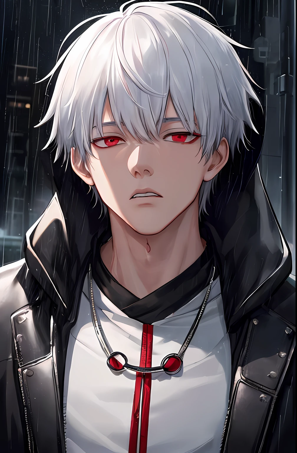 kk, best quality, more details, masterpiece, 1boy, kaneki ken, portrait, male focus, red eyes, solo, bangs, looking at viewer, hood, short hair, rain, tokyo tokyo \(city\), hood up, nail polish, white hair, luxurious, 8k, detailed, ray tracing, depth of field, cinematic lighting,