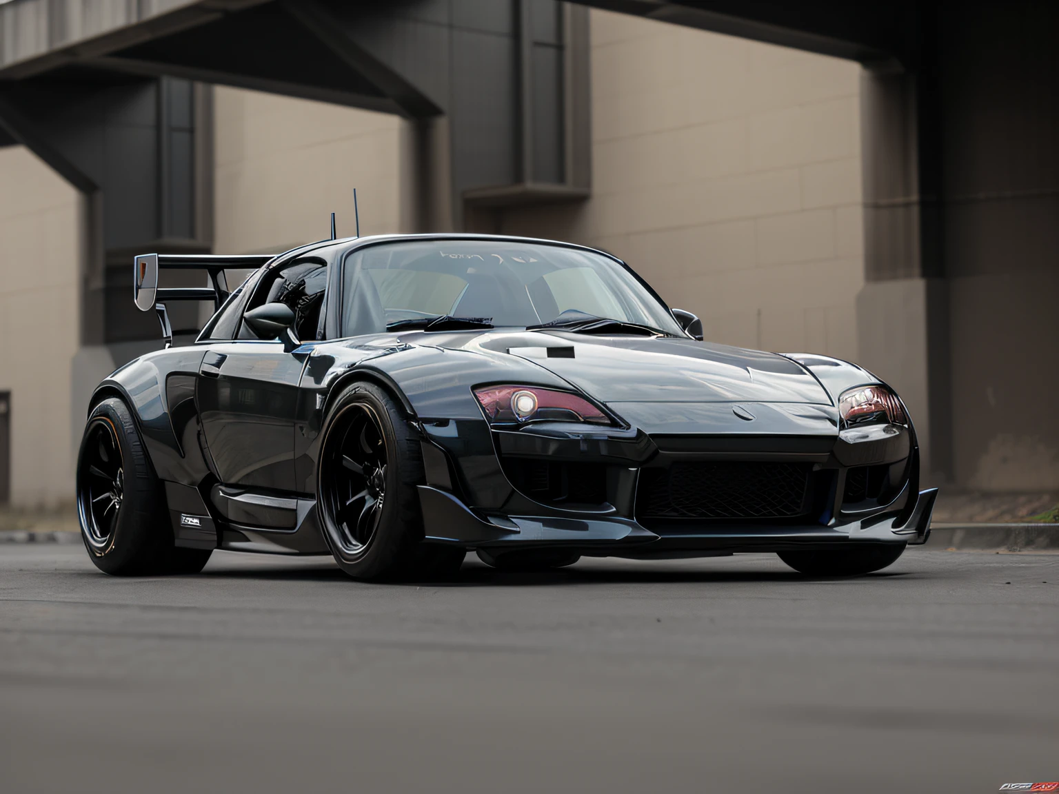 a front view 3/4 de ((futuristic cyberpunk Honda S2000 )) (com pneus brilhantes), no estacionamento,