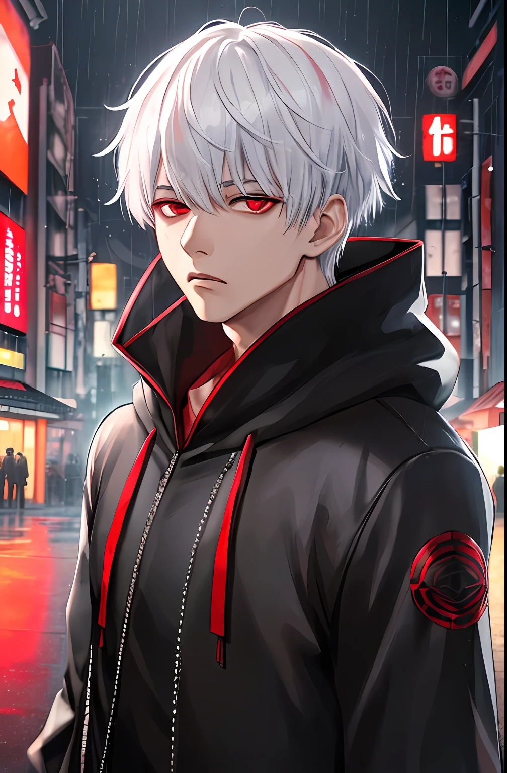 kk, best quality, more details, masterpiece, 1boy, kaneki ken, portrait, male focus, red eyes, solo, bangs, looking at viewer, hood, short hair, rain, tokyo tokyo \(city\),  hood up, nail polish, white hair, luxurious, 8k, detailed, ray tracing, depth of field, cinematic lighting,