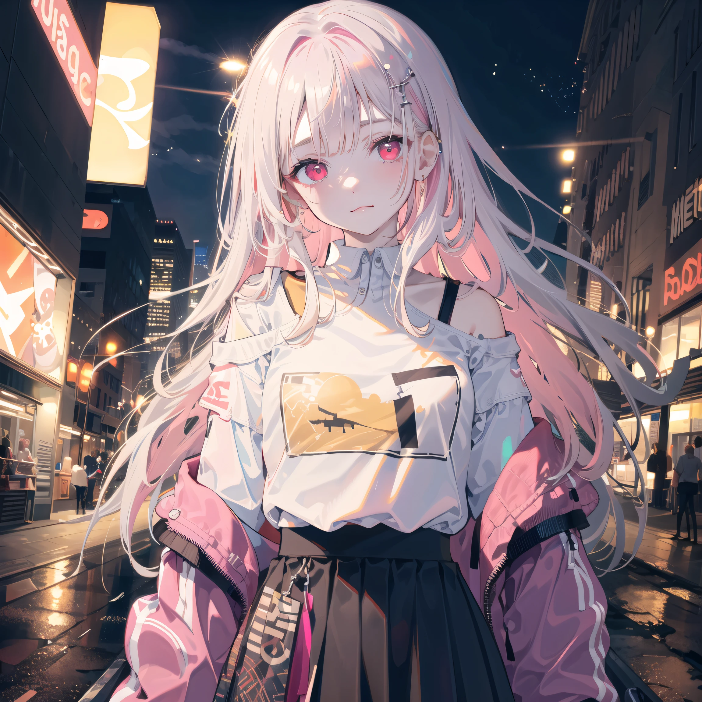 1girl, solo, li, pee, (very_long_hair), (pink_hair:1.2), braids, (red_eyes), medium_breasts, (white_shirt:1.5), (windbreaker), (off_shoulder:1.2), (portrait), glowing_eyes, background_light, (cityscape:1.5), (pleated skirt, )(neon_lights:1.2), (science), cyberpunk, ((masterpiece)), (highres), (best_quality), (highly_detailed), (original),(Delicate background),(extremely detailed 8K wallpaper),cinematic lighting, volume lighting, light particles, shaded_face, beautiful_detailed_eyes, depth_of_field, perspective,