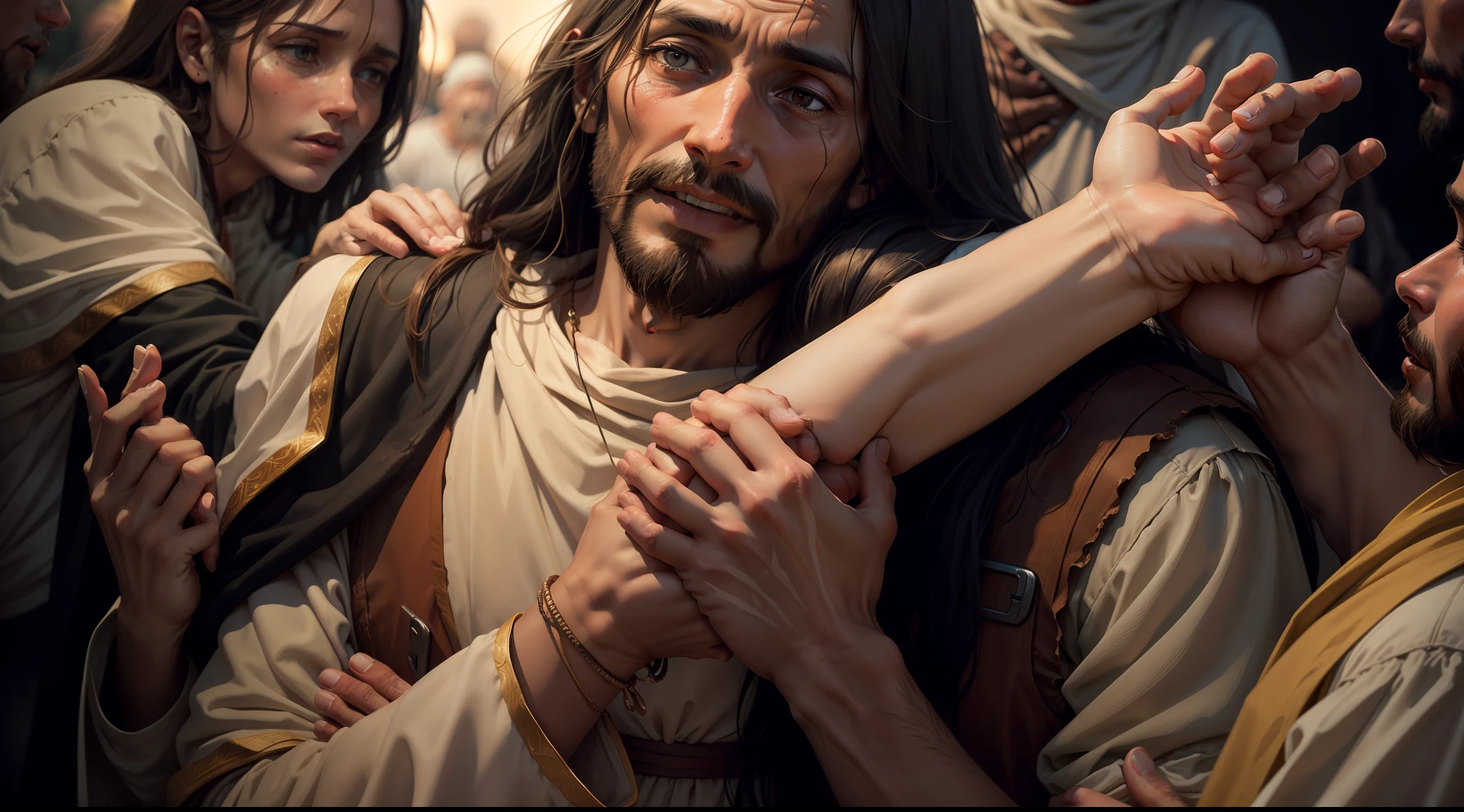 Jesus extending his hand towards the lepers with a compassionate expression.