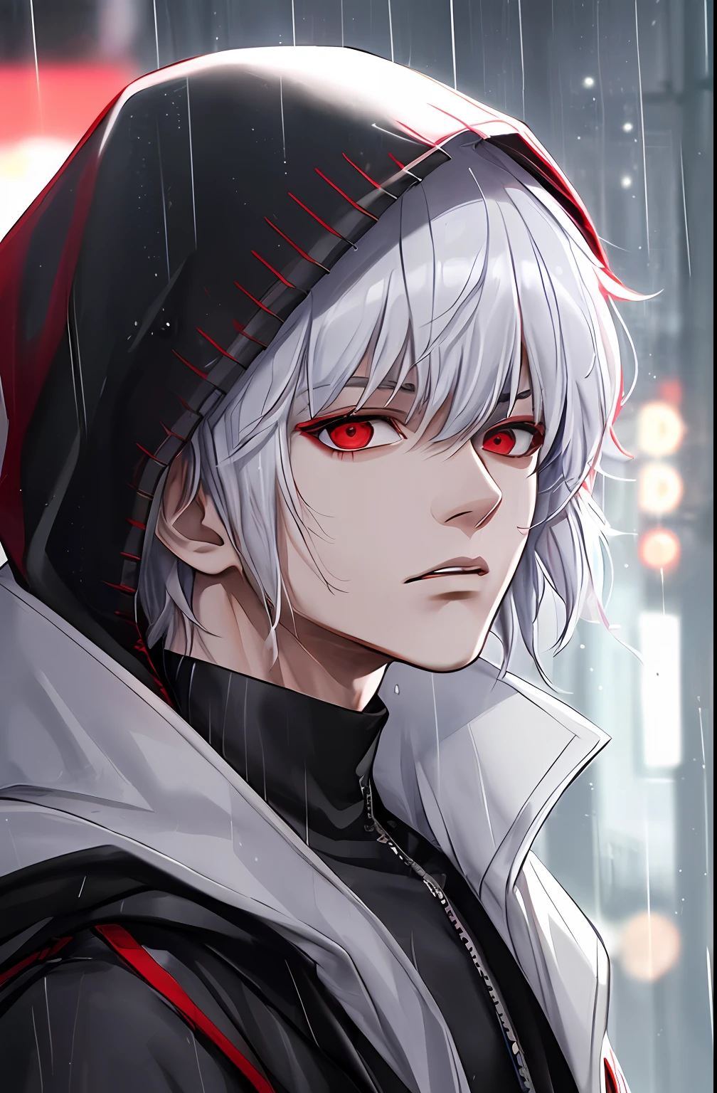 kk, best quality, more details, masterpiece, 1boy, kaneki ken, portrait, male focus, red eyes, solo, bangs, looking at viewer, hood, short hair, rain, tokyo tokyo \(city\),  hood up, nail polish, white hair, luxurious, 8k, detailed, ray tracing, depth of field, cinematic lighting,