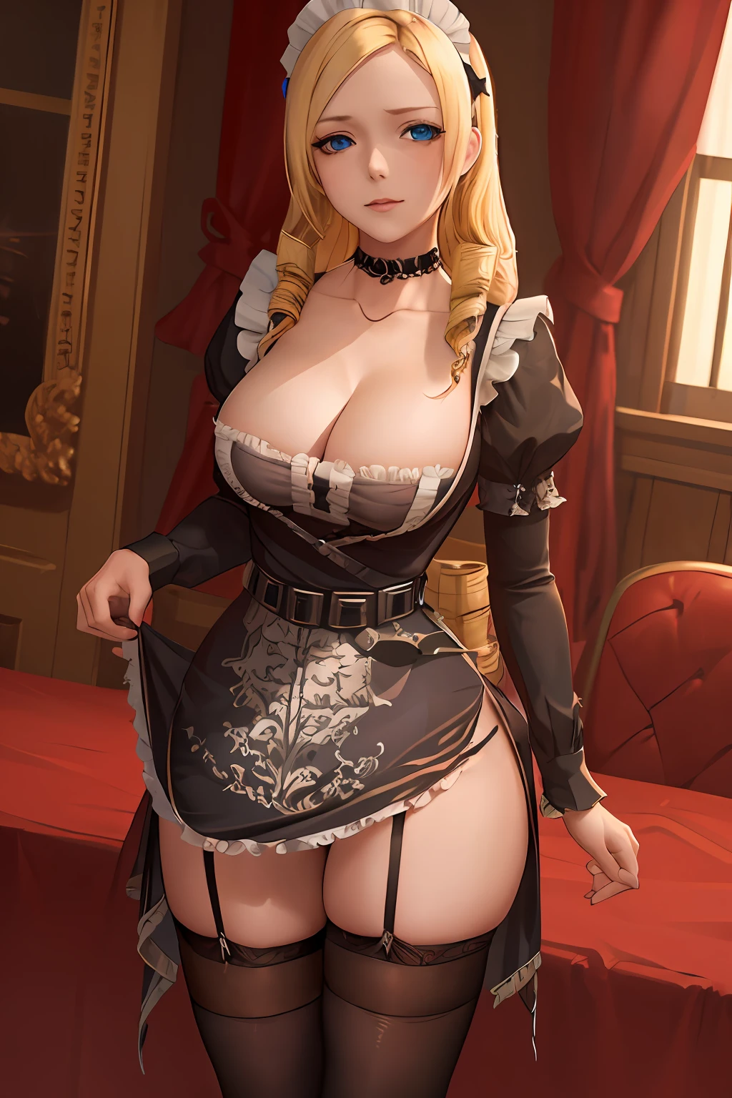 highres, sharp focus, pixiv masterpiece, ((intricate details)), highly detailed,upper body, solution_epsilon, 1girl, blonde hair, thighhighs, drill hair, cleavage, choker, maid, dress, black thighhighs, frills, belt, blue eyes, standing