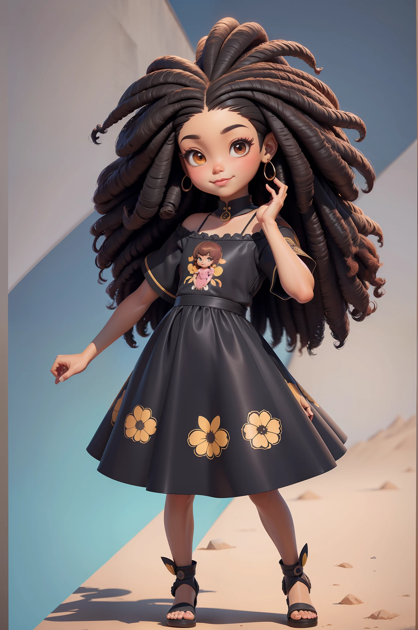 Chibi menina cor de pele marrom:3 feliz de 15 anos (preta:0.98) afro: 1.25 Estilo Pixar: 1.25 afro: 2.40 (((sozinho))) cabelos cacheados: 2.3, (corpo inteiro: 2.32) vestindo vestido floral sapato preto,, Hair messed up by the wind, desenho animado sentada numa rua da cidade, arte digital detalhada bonito, painting digital adorable, Cartoon style illustration, stylized digital illustration, stunning digital illustration, bela arte digital, arte de pintura digital dos desenhos animados, pintura digital dos desenhos animados 3D, Beautiful digital illustration, Arte infantil em Artstation, detailed digital illustration, arte digital detalhada, digital illustation, exquisite digital illustration, 8k