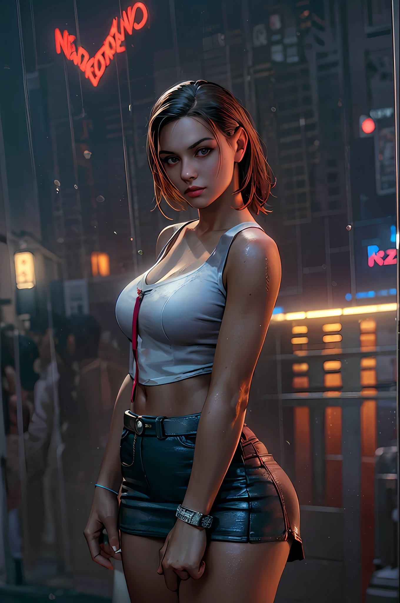 1girl, cowboy shot of zotovalentine, white shirt, red skirt, athletic, city, night, neon, rain, volumetric lighting, best quality, masterpiece, intricate details, tonemapping, sharp focus, hyper detailed, trending on Artstation, realistic,