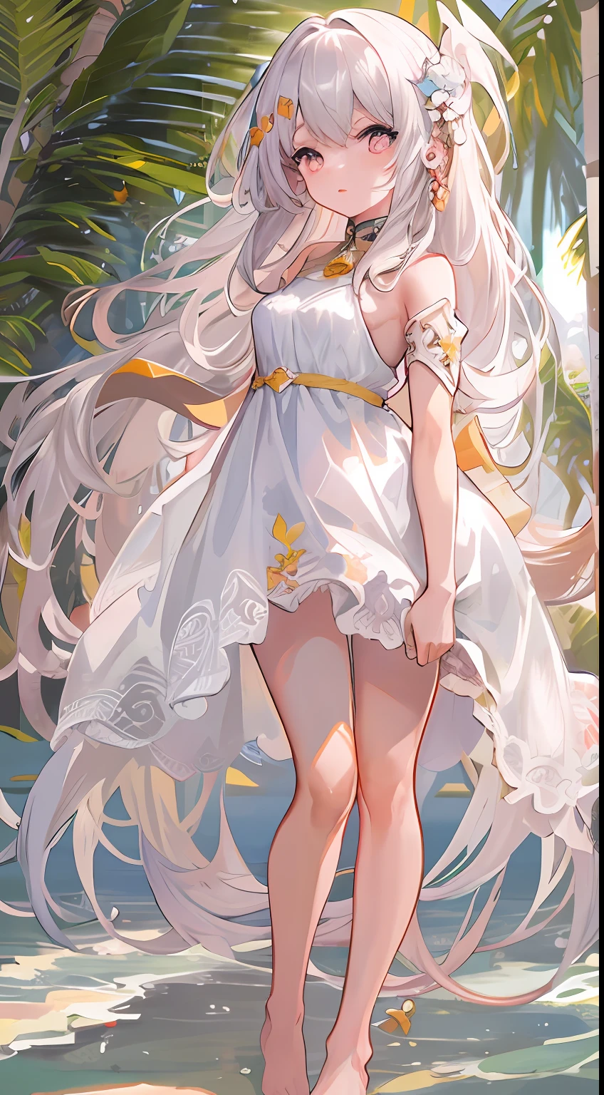 Ultra-high sharpness,Works of masters,tmasterpiece,HighestQuali,((1 toddler loli 1:2,独奏)),The facial features are delicate and delicate,Tall figure,Shiny hair,Long white hair,Braided hair,Wear a cute pink dress,mini-skirts,(beautifullegs,Barefoot,foot ring),(the sea,sandbeach,coconut palms),Sun spots,volumettic light,Beautiful CG,perfectquality,Highest image quality,16k,depth of fields,Normal character ratio,depth of fields,(Full body like),standing on your feet,Whole-body proportions