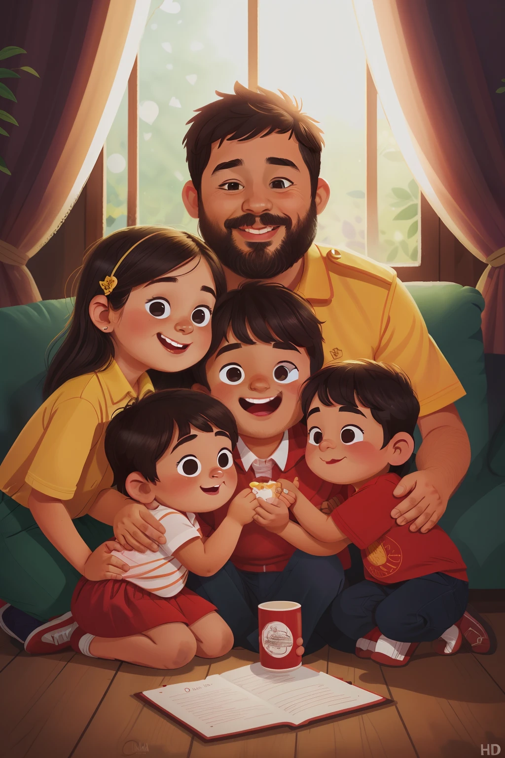 ((best quality)), ((master part)), ((desenhos animados realistas)), ((Personagem perfeito)) - Um retrato emocionante que captura o amor entre um pai e seus dois filhos, uma filha e um filho. O pai, com barba estilo lenhador e cabelo castanho estilo militar, hugs the little ones with affection. A filha, aproximadamente 3 anos de idade, e o filho, por volta dos 10 anos, Ambos expressam alegria e felicidade ao compartilharem um momento amoroso com o pai. The image is meticulously detailed, rendered in UHD resolution with stunning realism, allowing all emotions and characteristics to shine through in this moving portrait of a father and his children.