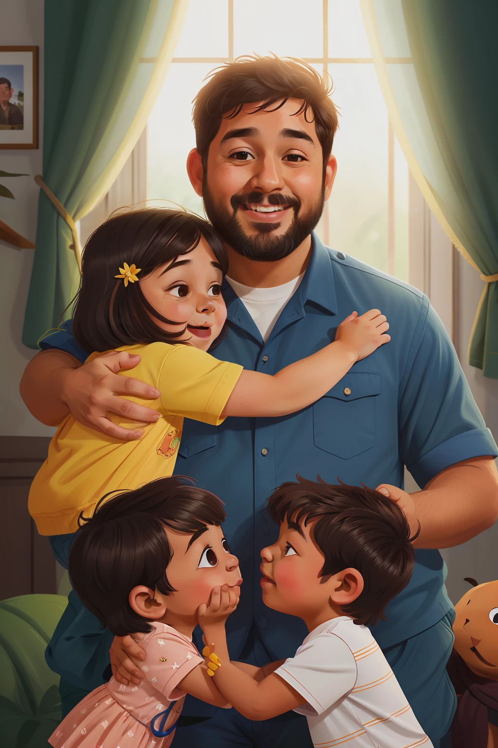 ((best quality)), ((master part)), ((desenhos animados realistas)), ((Personagem perfeito)) - Um retrato emocionante que captura o amor entre um pai e seus dois filhos, uma filha e um filho. O pai, com barba estilo lenhador e cabelo castanho estilo militar, hugs the little ones with affection. A filha, aproximadamente 3 anos de idade, e o filho, por volta dos 10 anos, Ambos expressam alegria e felicidade ao compartilharem um momento amoroso com o pai. The image is meticulously detailed, rendered in UHD resolution with stunning realism, allowing all emotions and characteristics to shine through in this moving portrait of a father and his children.