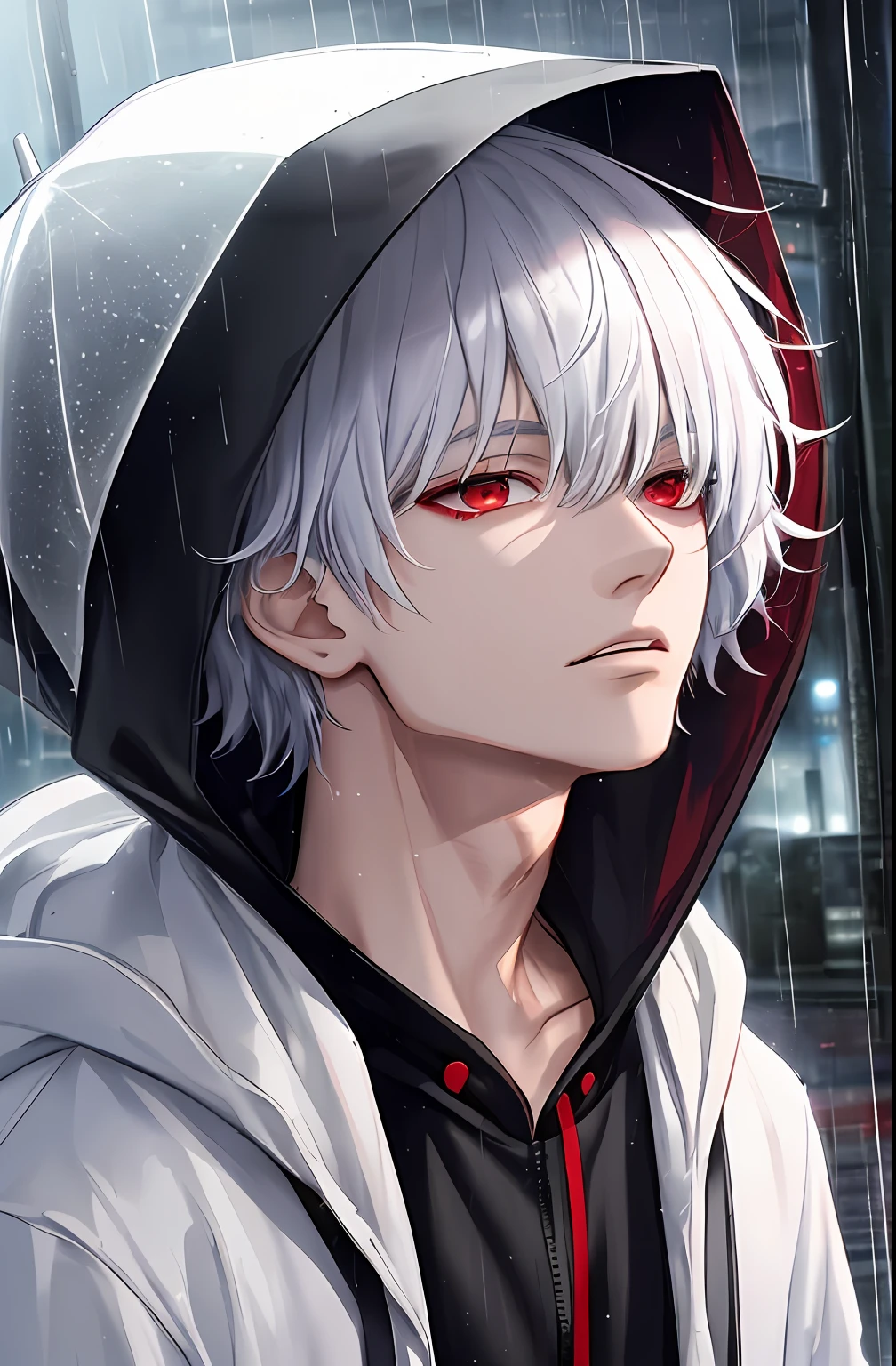 kk, best quality, more details, masterpiece, 1boy, kaneki ken, portrait, male focus, red eyes, solo, bangs, looking at viewer, hood, short hair, rain, tokyo tokyo \(city\),  hood up, nail polish, white hair, luxurious, 8k, detailed, ray tracing, depth of field, cinematic lighting,