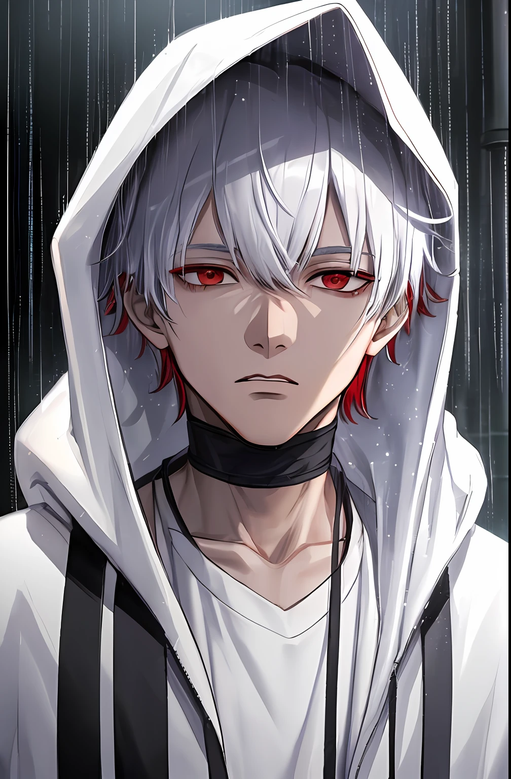 kk, best quality, more details, masterpiece, 1boy, kaneki ken, portrait, male focus, red eyes, solo, bangs, looking at viewer, hood, short hair, rain, tokyo tokyo \(city\), hood up, nail polish, white hair, luxurious, 8k, detailed, ray tracing, depth of field, cinematic lighting,