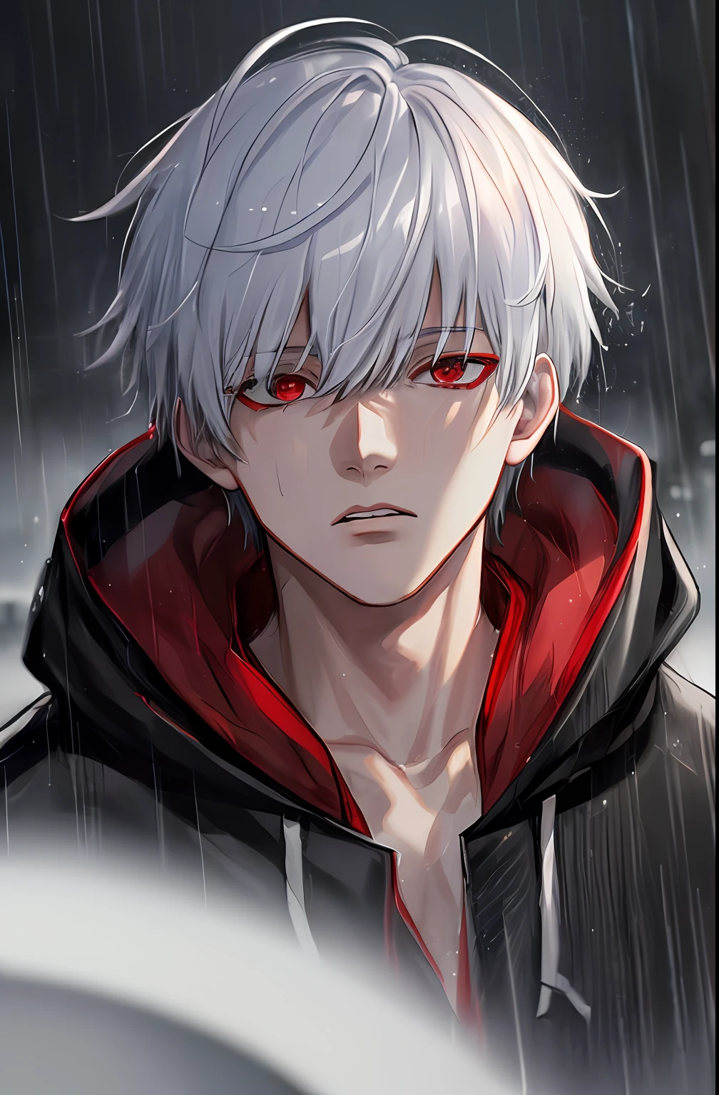 kk, best quality, more details, masterpiece, 1boy, kaneki ken, portrait, male focus, red eyes, solo, bangs, looking at viewer, hood, short hair, rain, tokyo tokyo \(city\), hood up, nail polish, white hair, luxurious, 8k, detailed, ray tracing, depth of field, cinematic lighting,