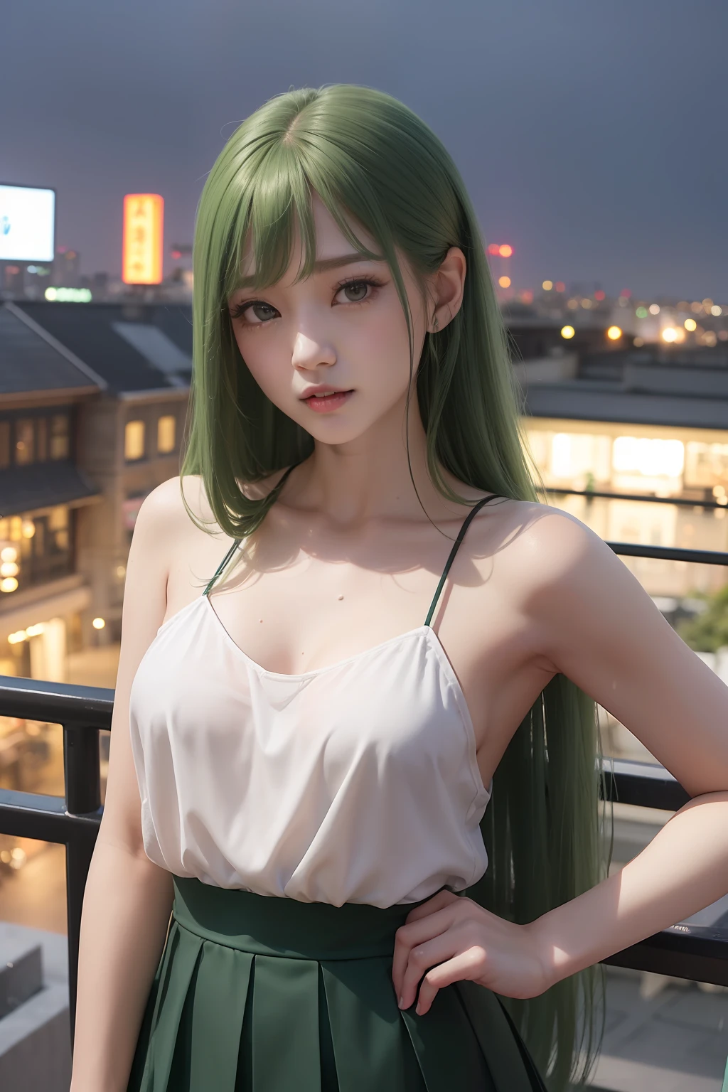 top-quality、超A high resolution、(Photorealsitic:1.4)、(Green Longhair:1.3)、greenhair、(azur lane\)、1girll、(Kpop Idol)、NSFW、Dress appearance、slenderbody、Behold、cute little、finerly detailed face、Contrapo、Smooth skin、parfect anatomy、White camisole、Pure black pleated skirt、A city scape、natta、Rain wet type、Professional Lighting、Shopping mall rooftop café、outside of house、no teeth、８K Wallpapers