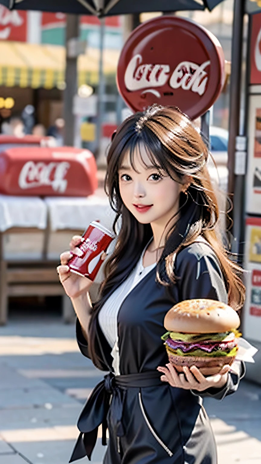 (hamburgers:1.3),(Coke:1.3), Hold the hamburger in your left hand, Holding a Coke in his right hand, Happy enjoyment