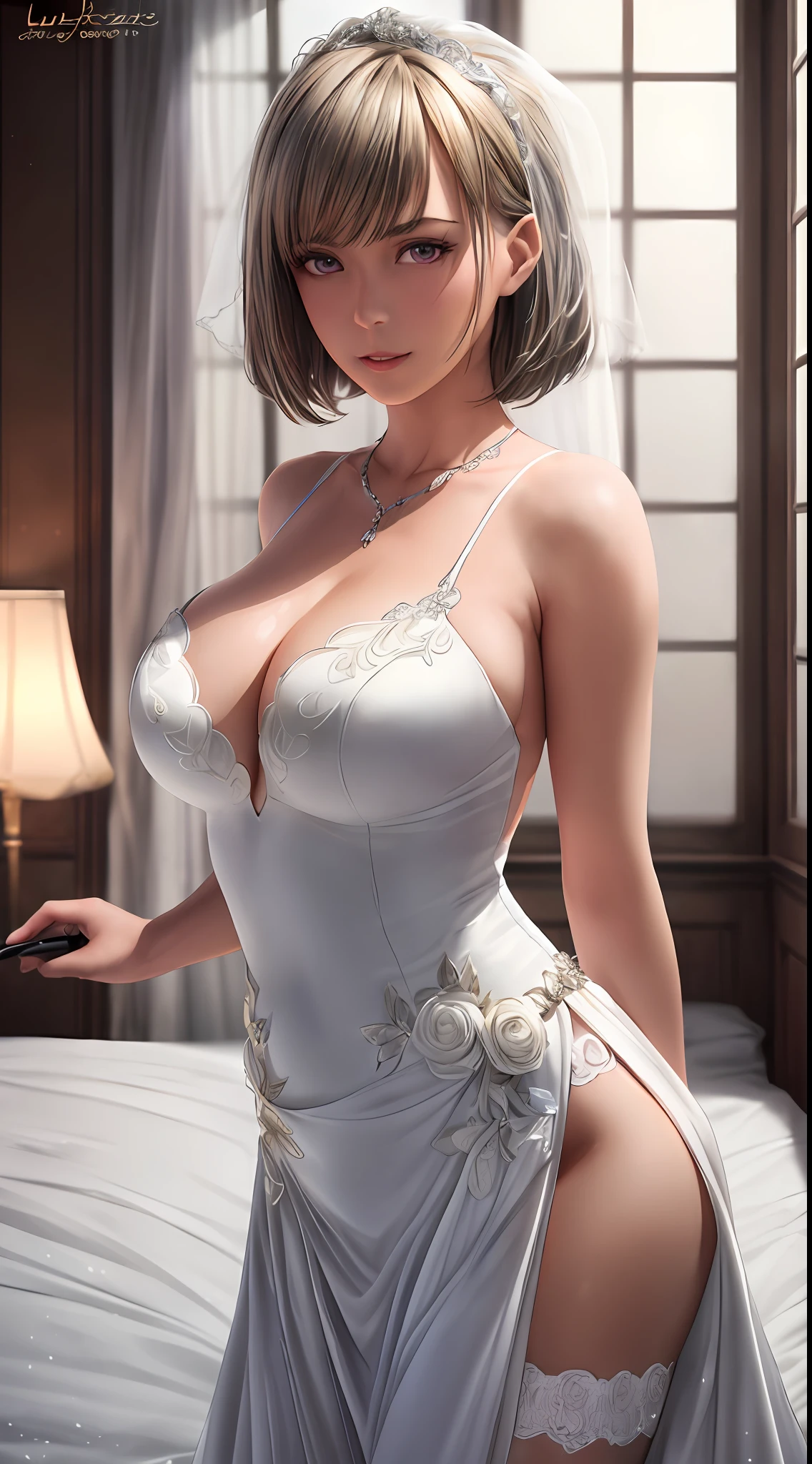 ((((masterpiece, best quality, high resolution)))), Extremely detailed 8K, (Ultra HD, Ultra-detailed, Highly detailed, Highly realistic, Ultra-realistic, photograph realistic), (1girl:1.5), (Realistic white hair), short wavy hair, bob cut, (dynamic poses), facing at camera, purple eyes, average breasts, cleavage, blush, light smile, parted lips, glow, (beautiful detailed face, beautiful detailed eyes), (wedding dress, bridal veil, bridal garter), bedroom, night time, night light, seductive expression, seductive eyes, lustrous,